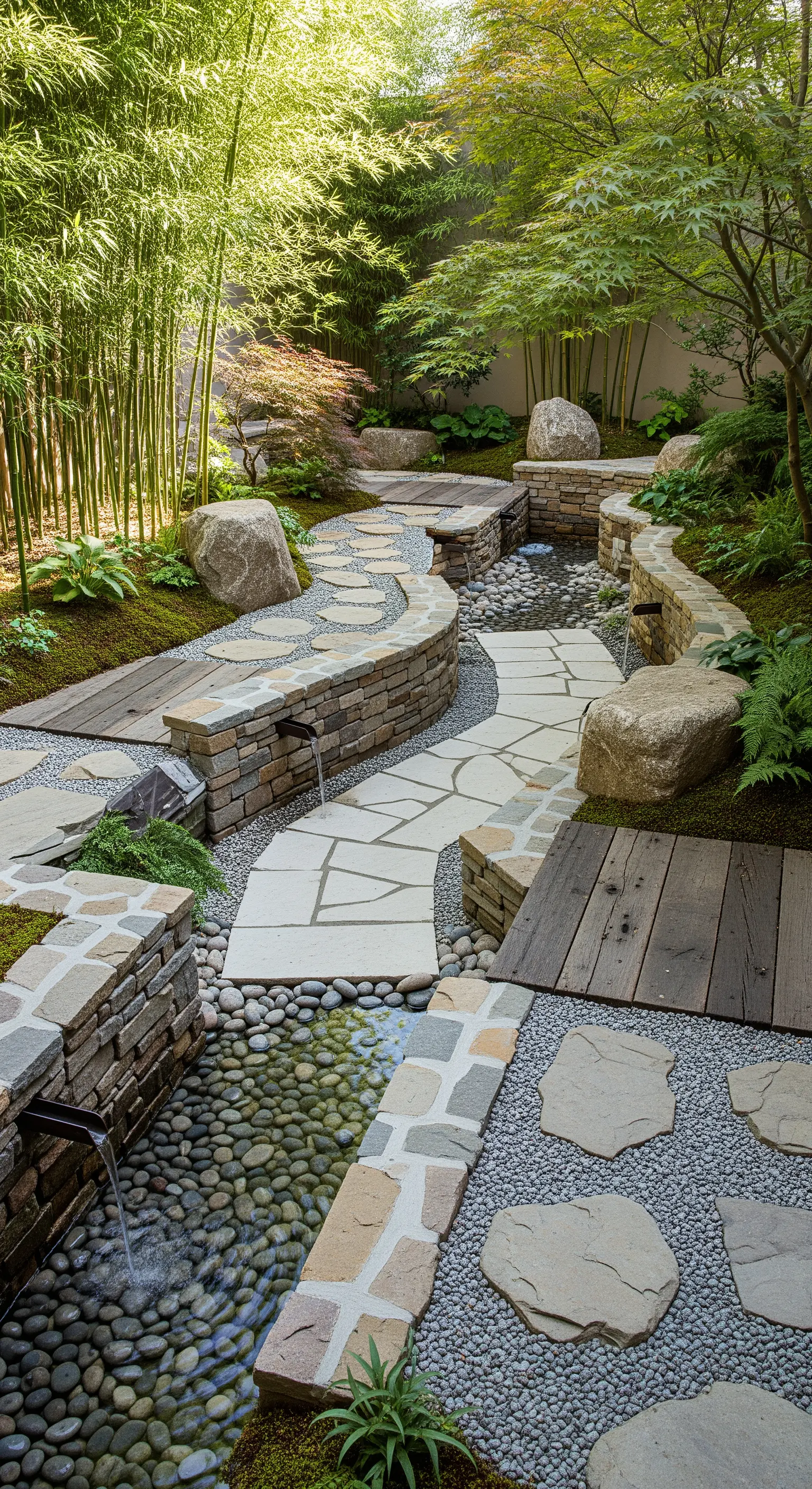 Natürliche Steinwege mit integrierten Wasserläufen, umgeben von dichter Bepflanzung