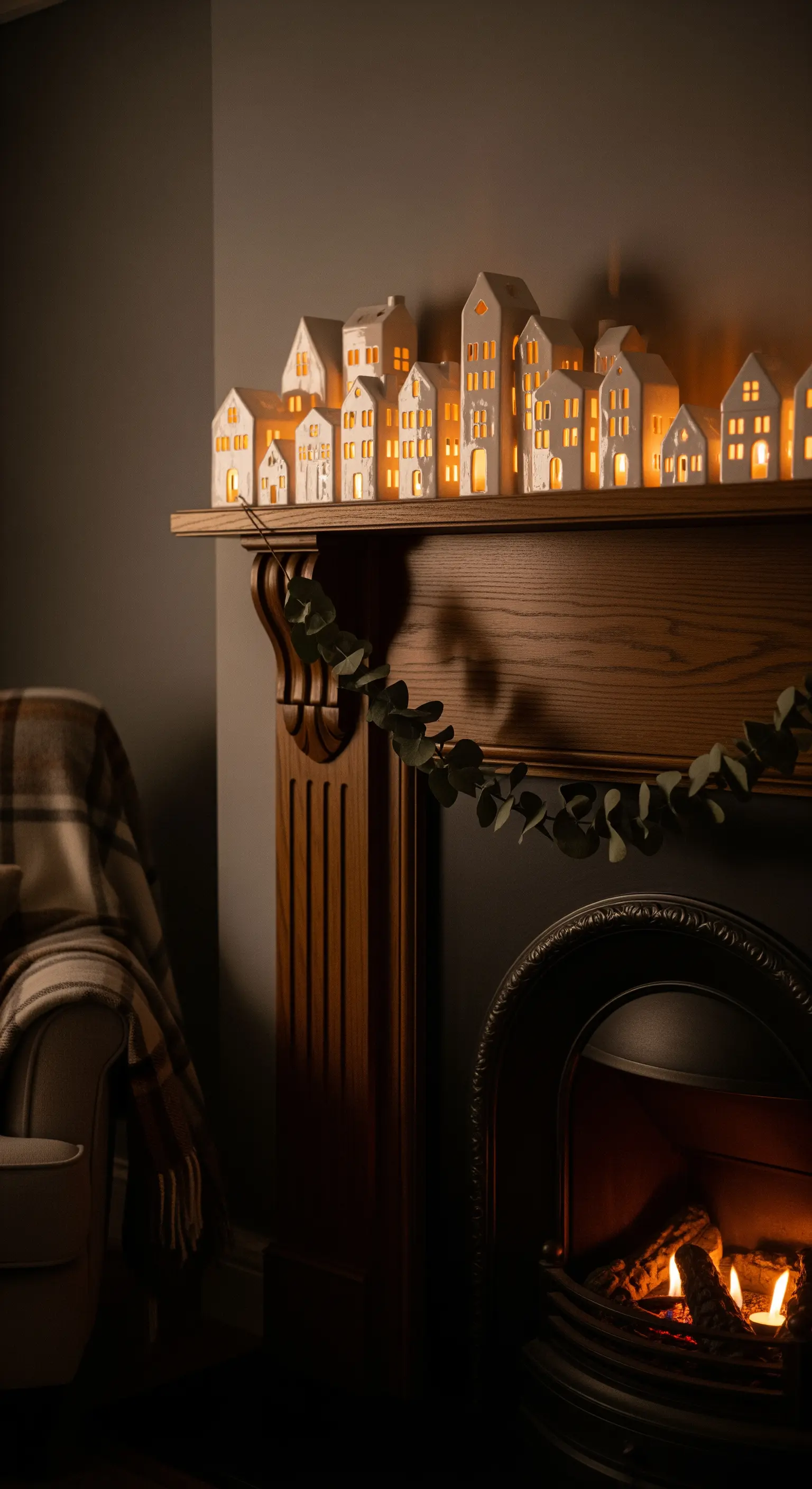Beleuchtete Keramikhäuser und Eukalyptusgirlande auf dunklem Holzkamin