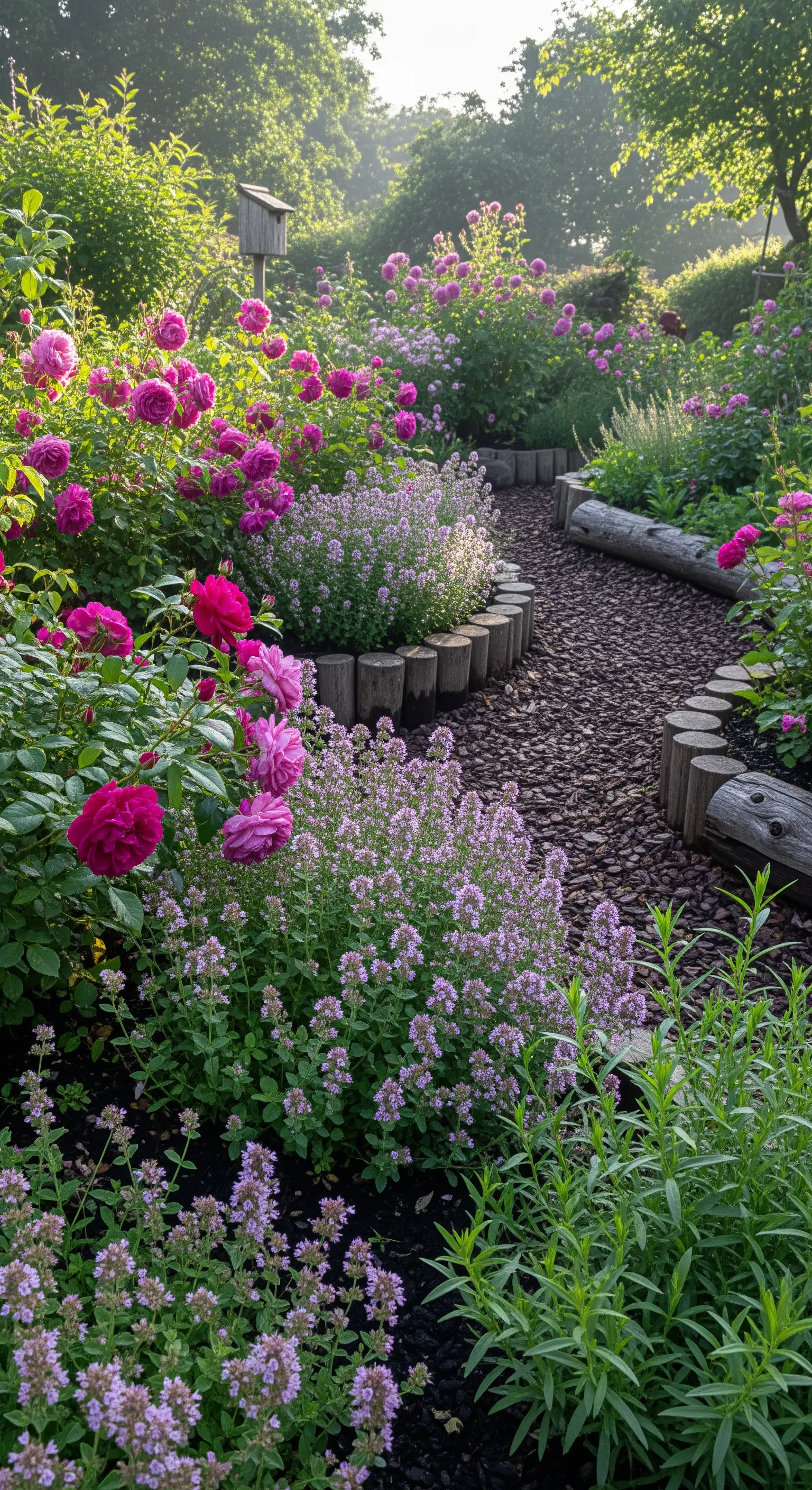Gartenweg, pinke Rosen, Majoran, Holzscheite, romantischer Garten.