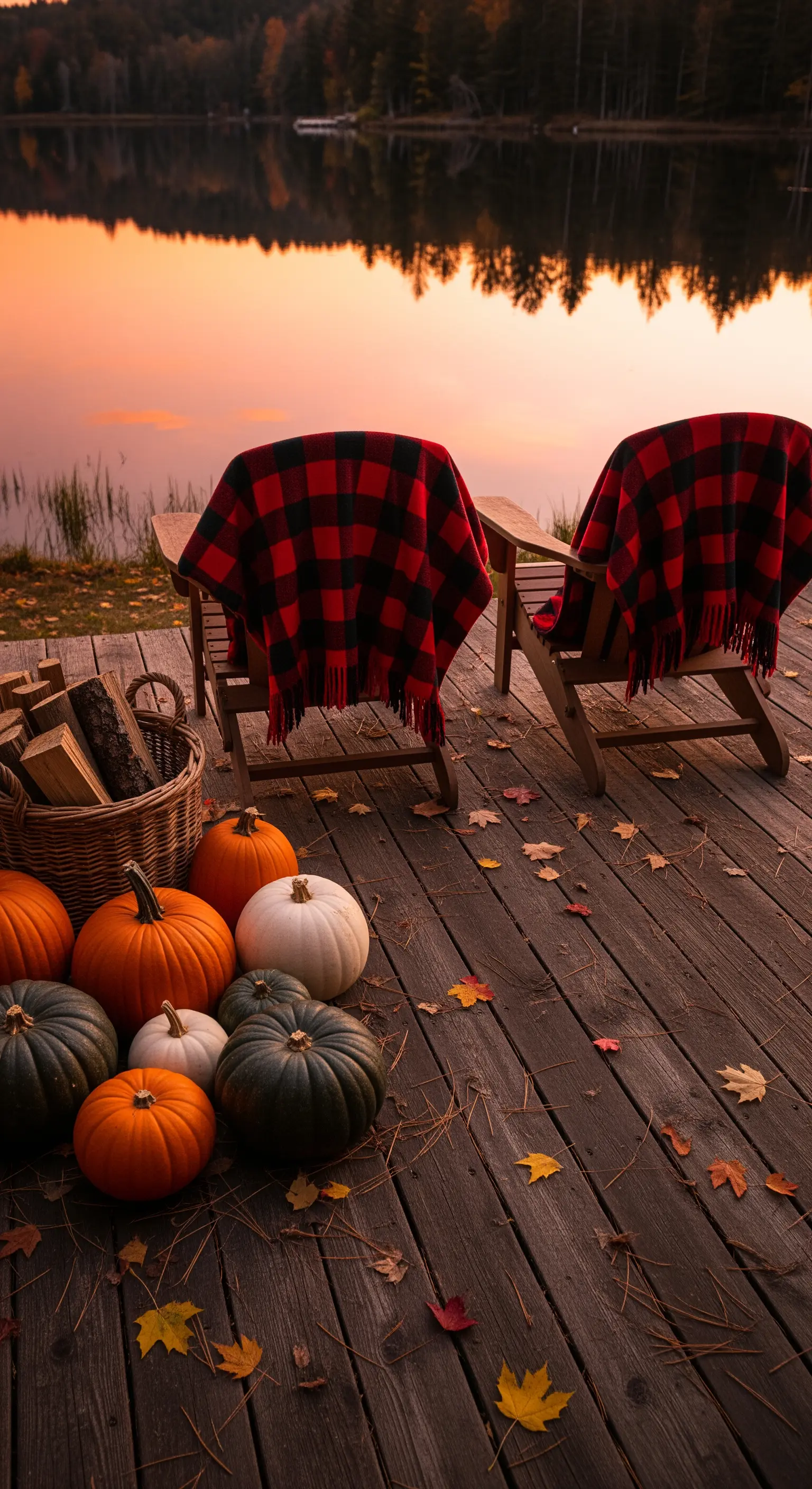 Herbstliche Szene am Seeufer mit Holzstühlen, Kürbissen und Kaminholz
