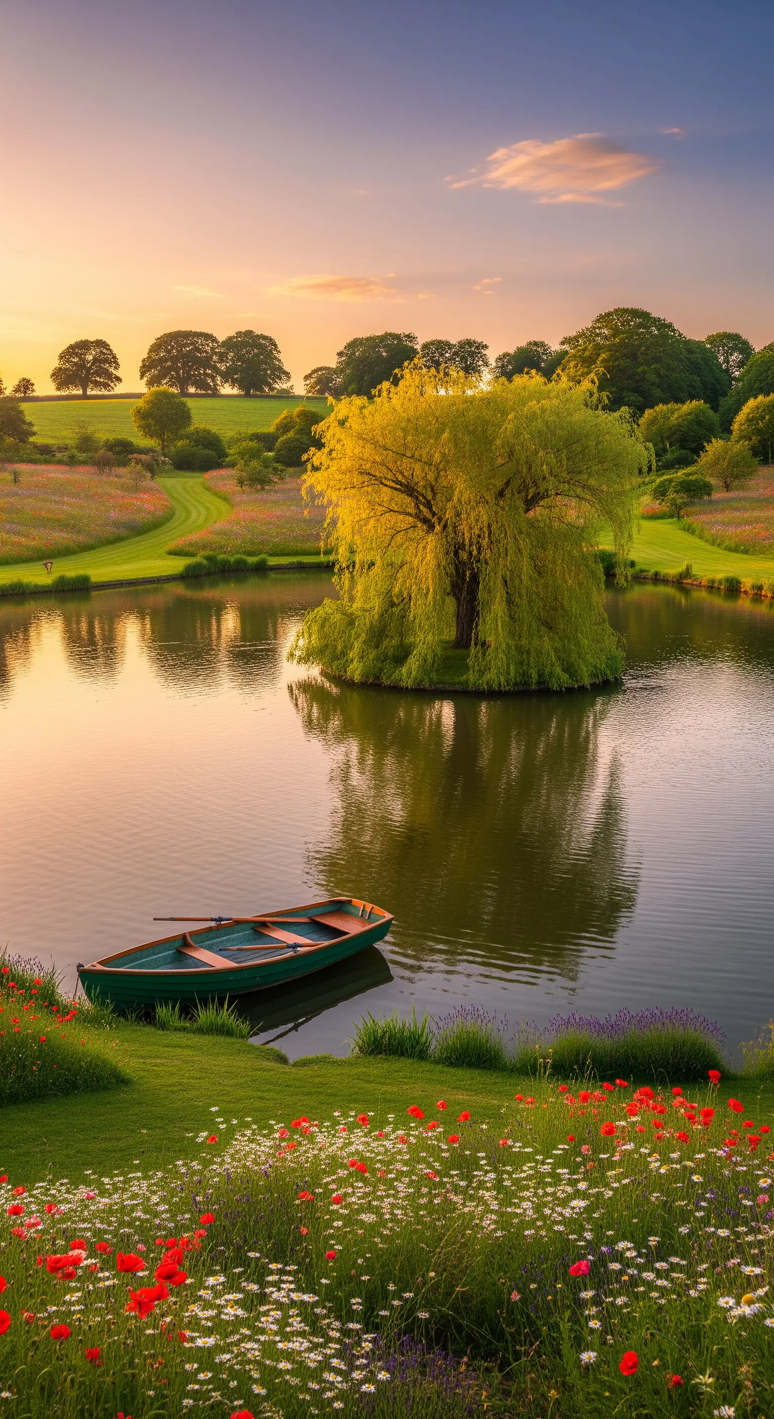 Malerischer See mit Trauerweide, Ruderboot und Wildblumen bei Sonnenuntergang