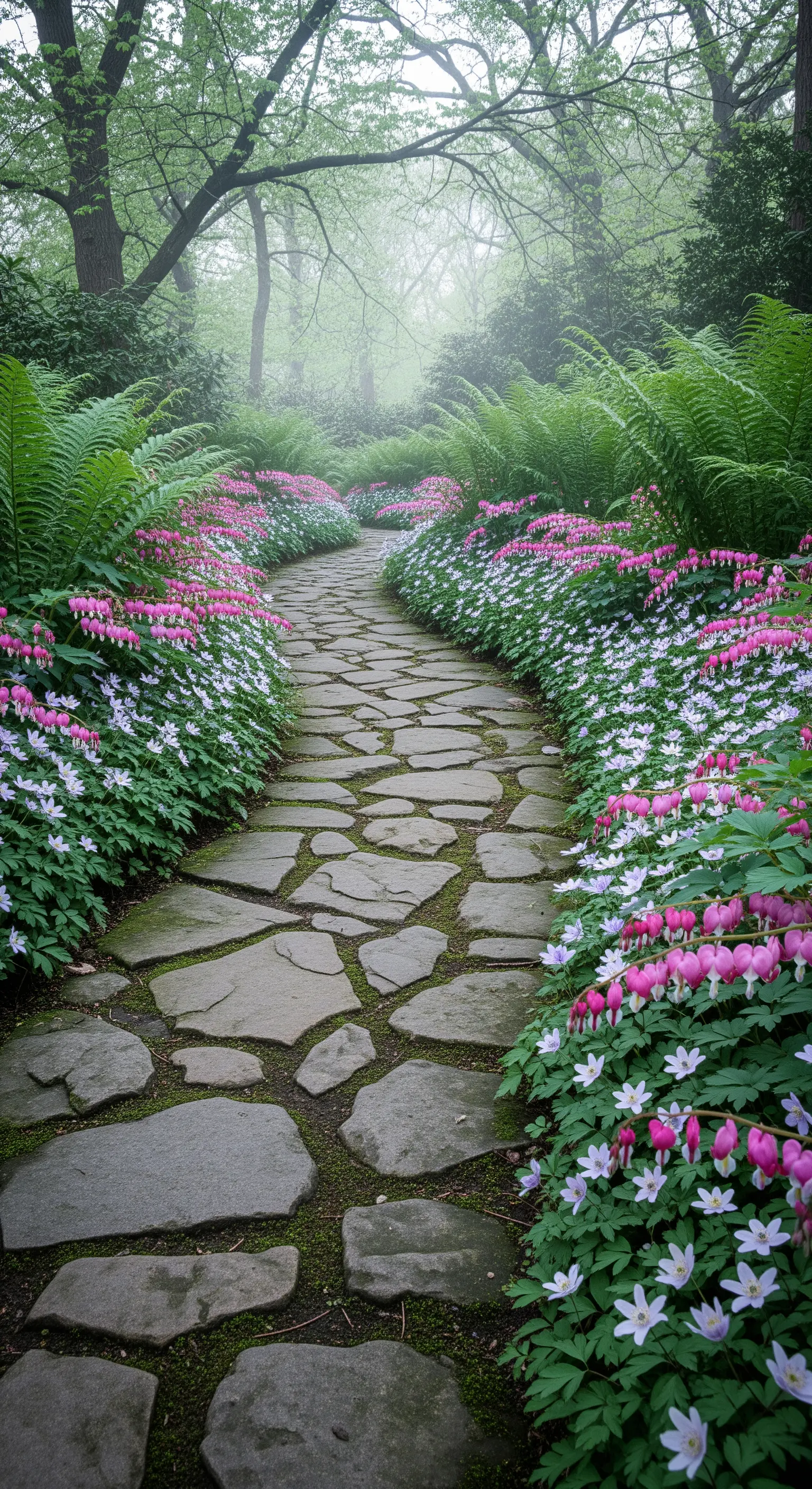Geschwungener Steinpfad durch einen Wald mit rosa und weißen Blüten