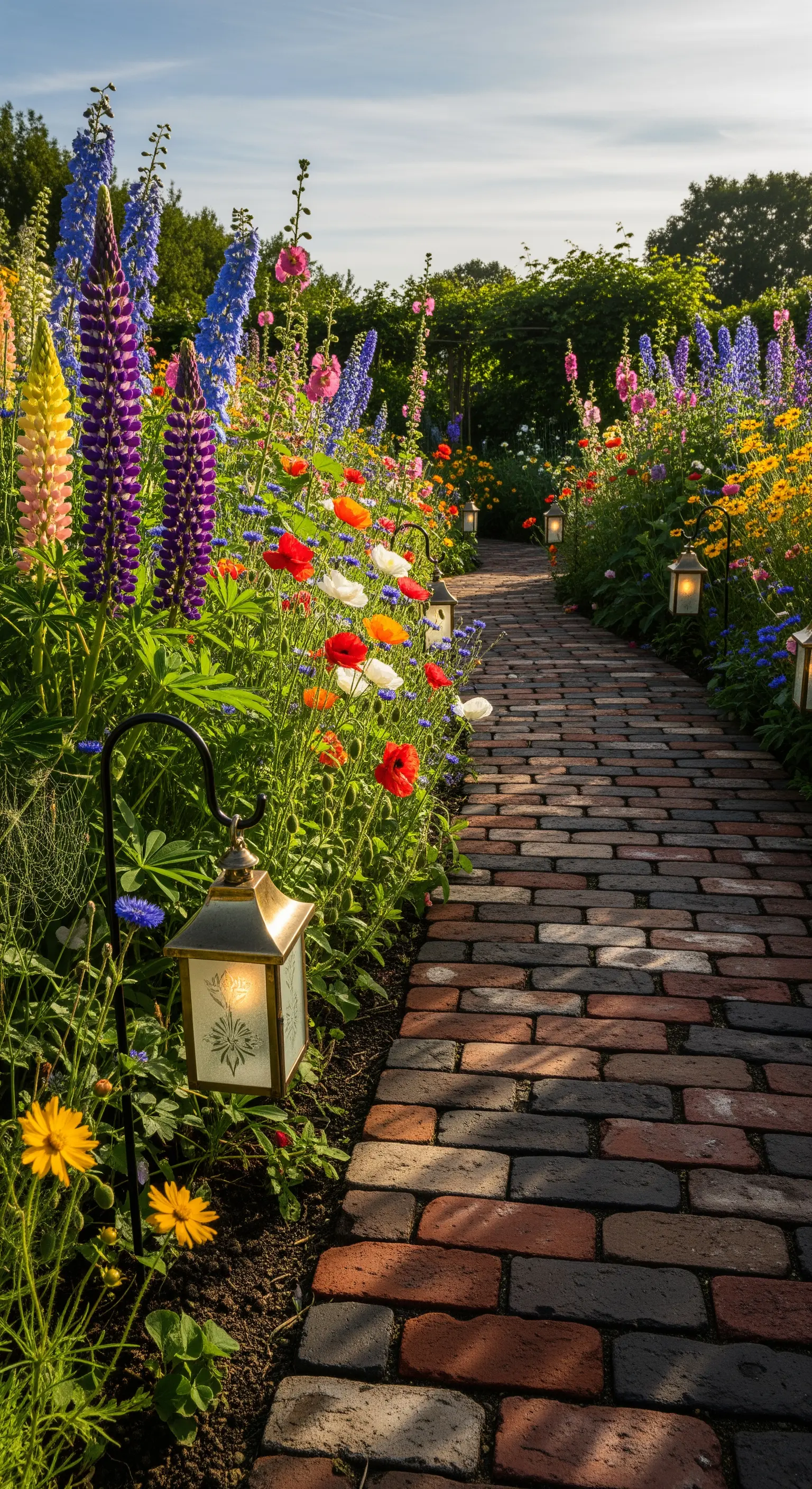 Ziegelweg, gesäumt von farbenfrohen Blumen und kleinen Laternen, in einem üppigen Garten.