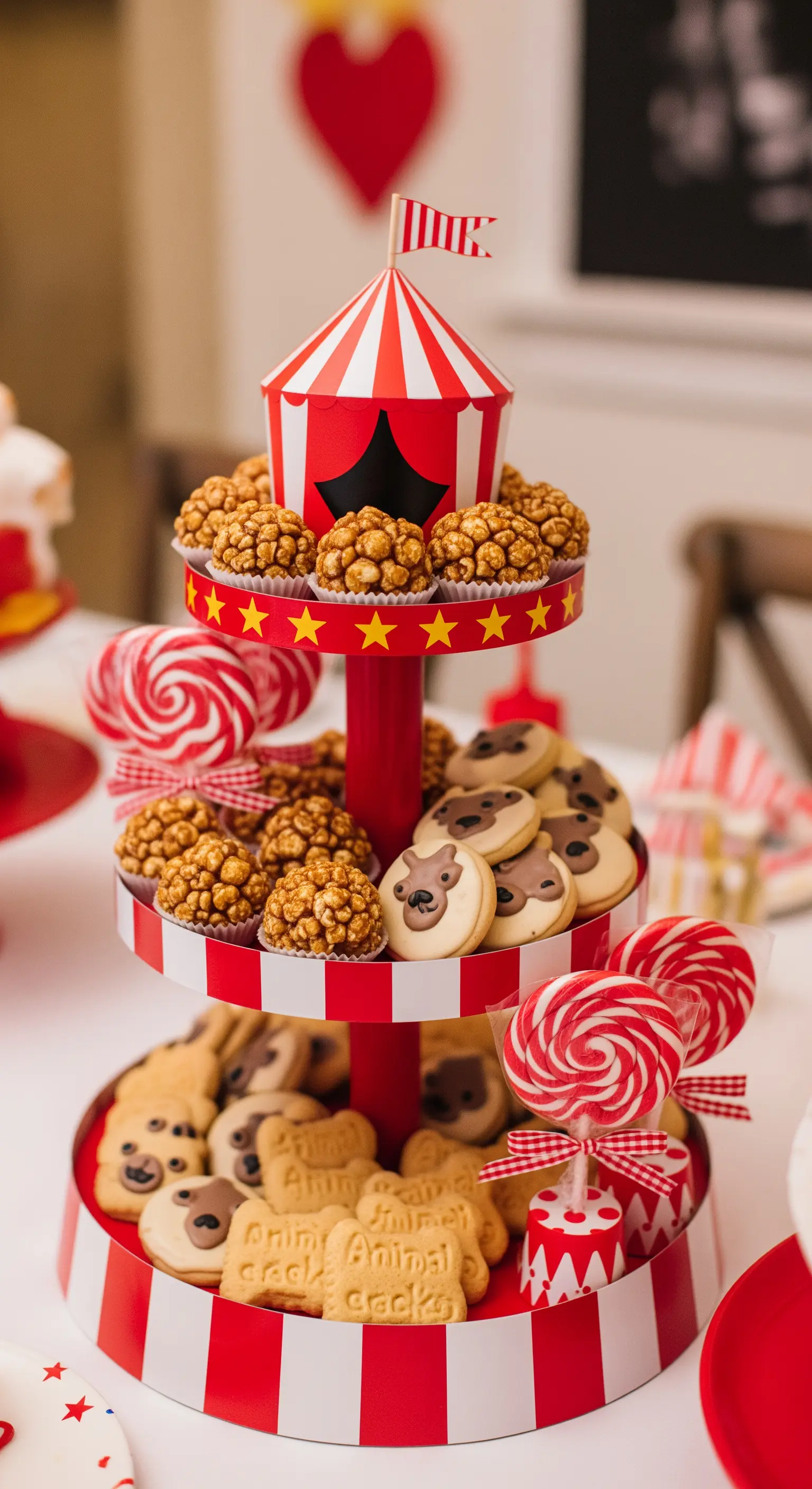 Rot-weiß gestreifte Zirkus-Etagere mit Popcorn, Tierkeksen und Lollis.
