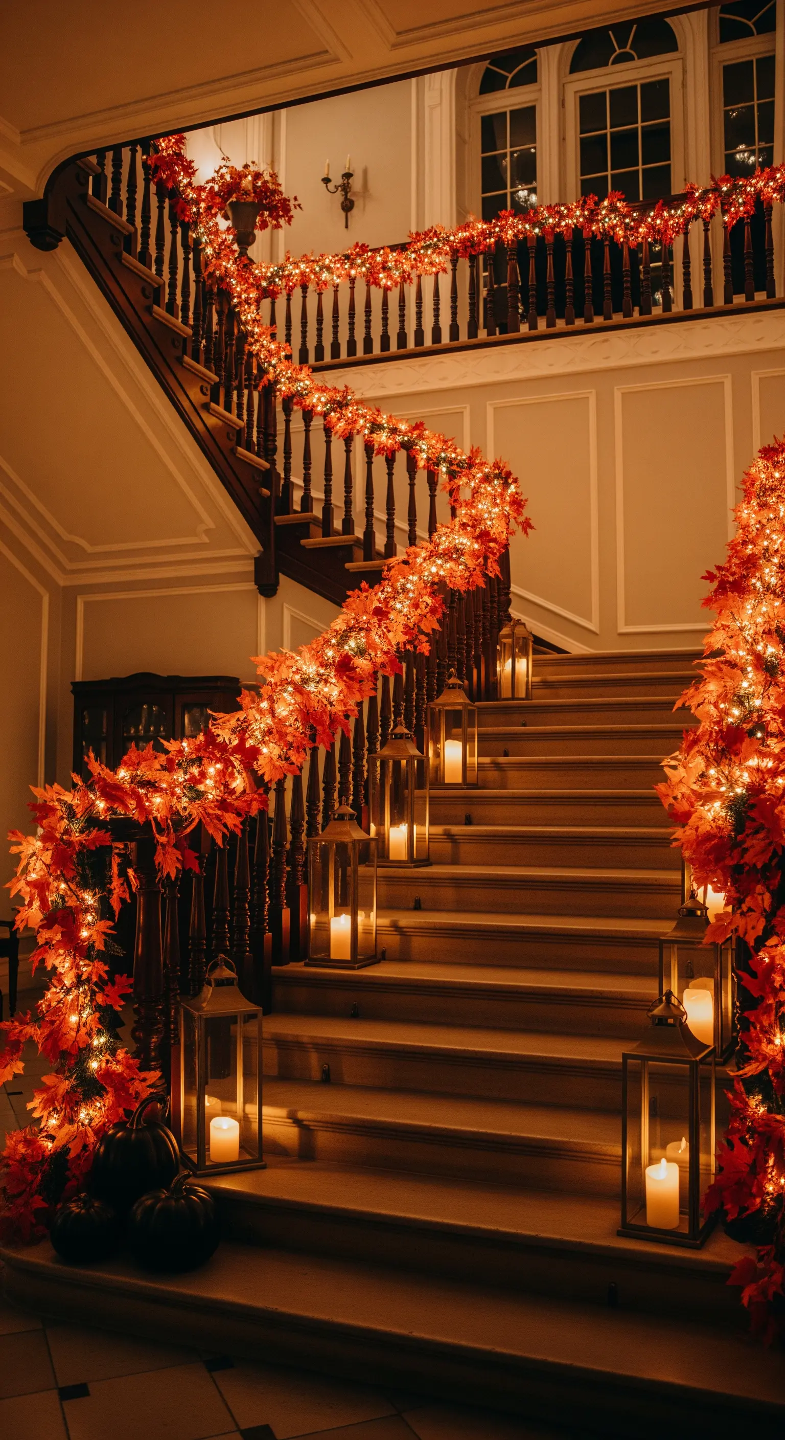 Treppenhaus mit leuchtend orangefarbener Blattgirlande, Lichterketten und großen Laternen auf den Stufen.