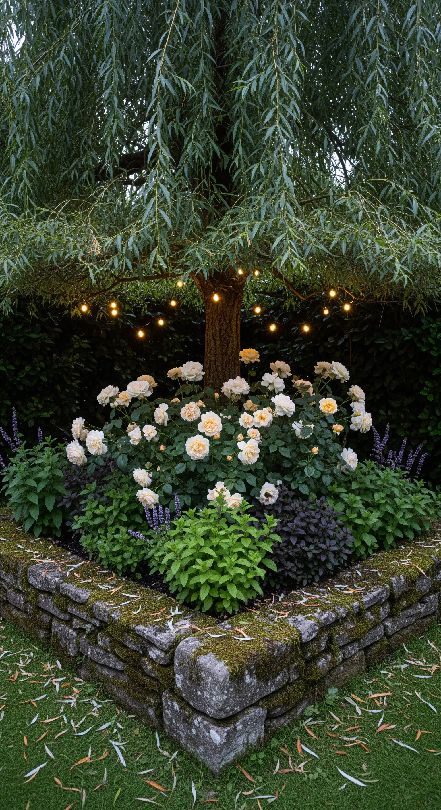 Baum, Lichterketten, cremefarbene Rosen, Lavendel, Steinbeet, magischer Garten.