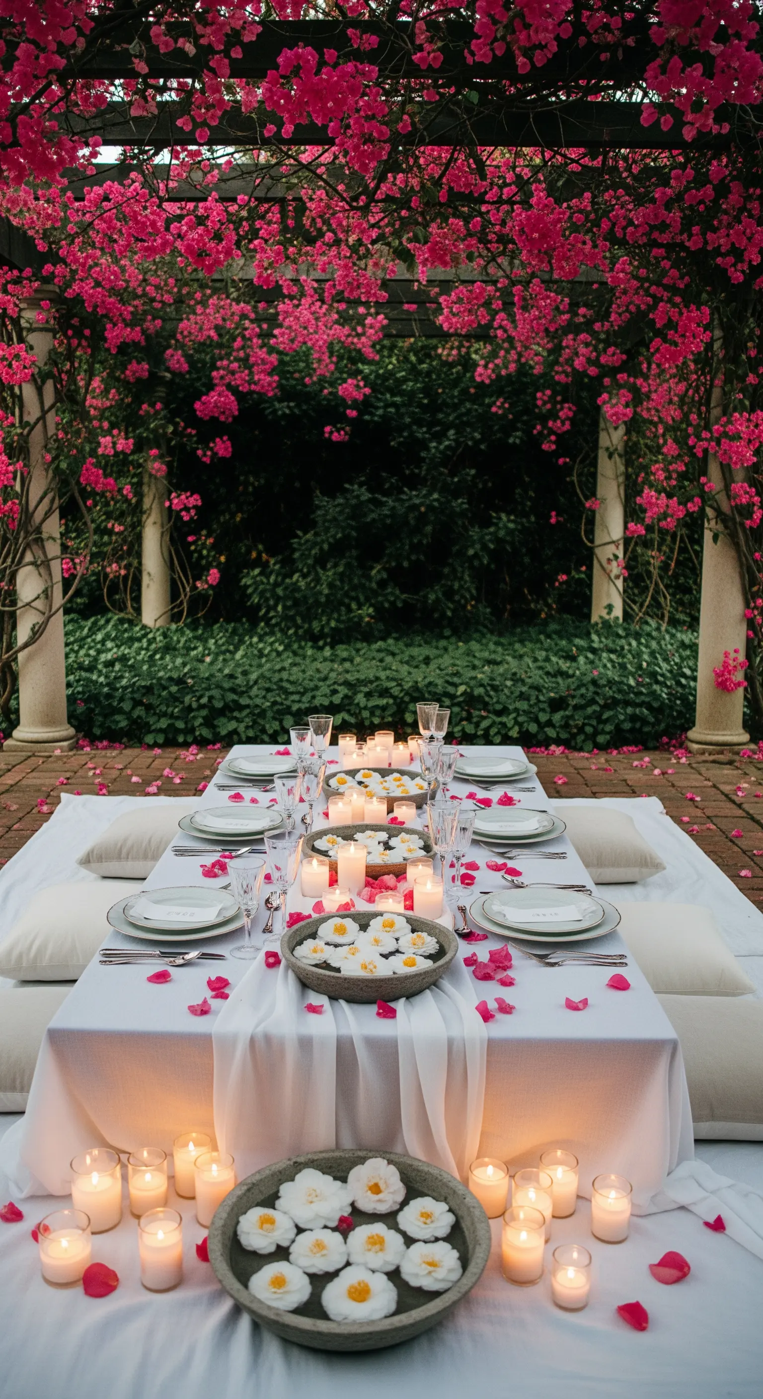 Niedriger Tisch umgeben von Blütenblättern, schwebenden Blüten und vielen Kerzen.