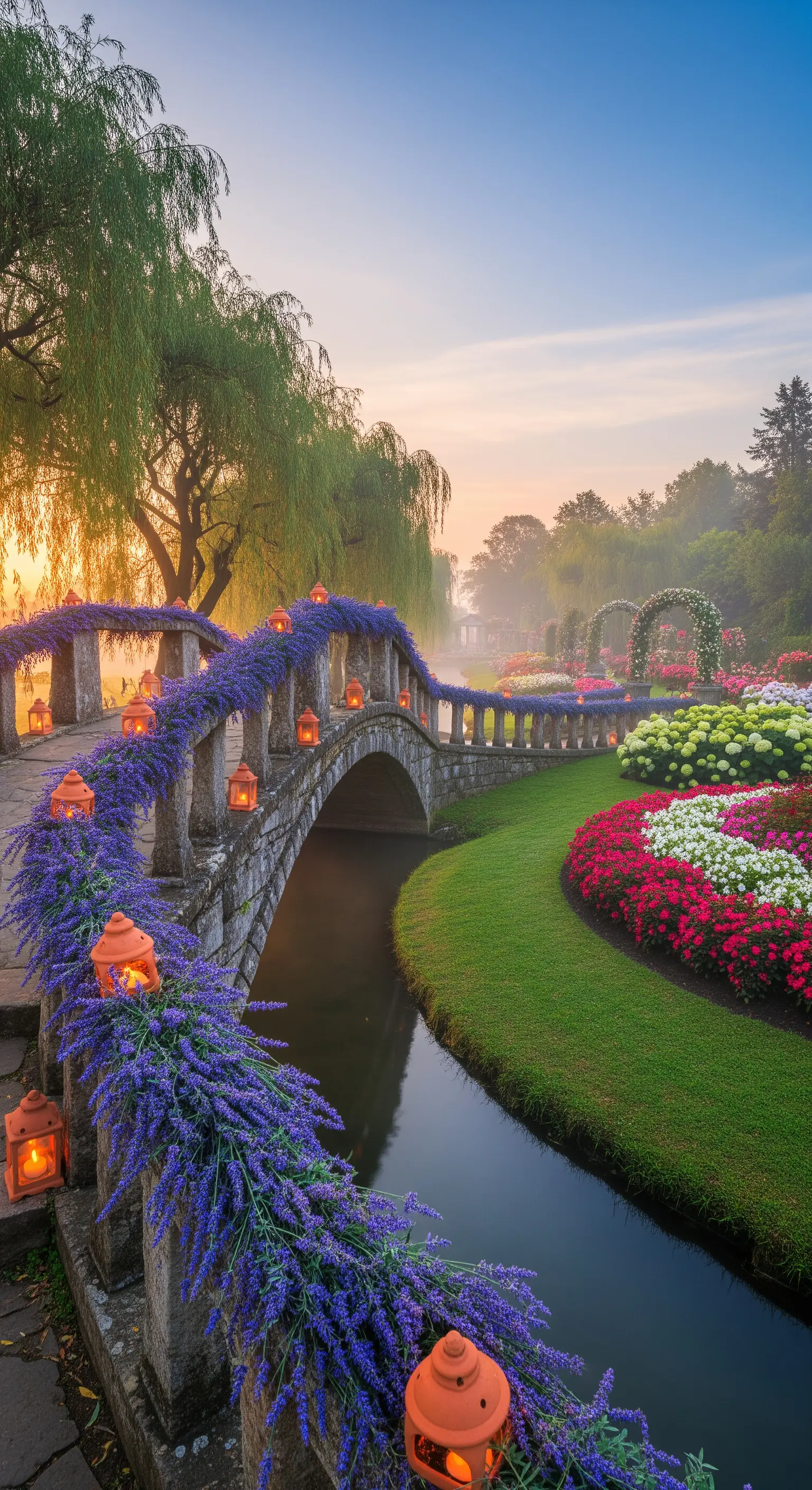 Steinerne Brücke mit Lavendelgirlanden und orangefarbenen Laternen