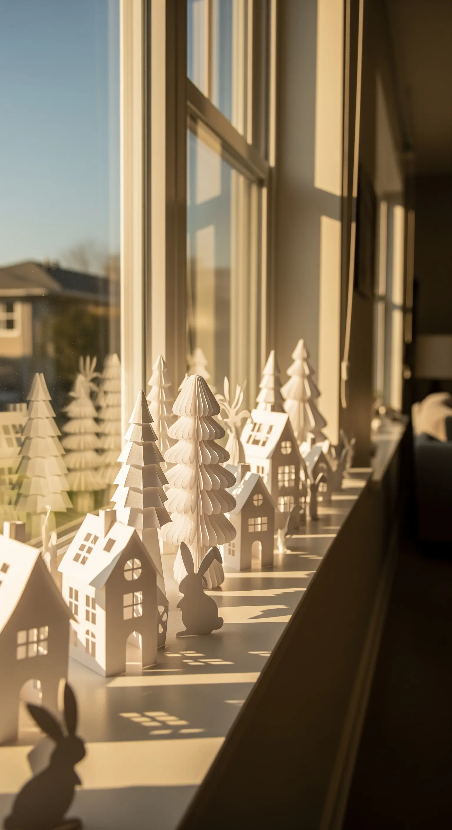 Fensterbank mit weißer Papierlandschaft aus Häusern, Bäumen und Hasen im Sonnenlicht
