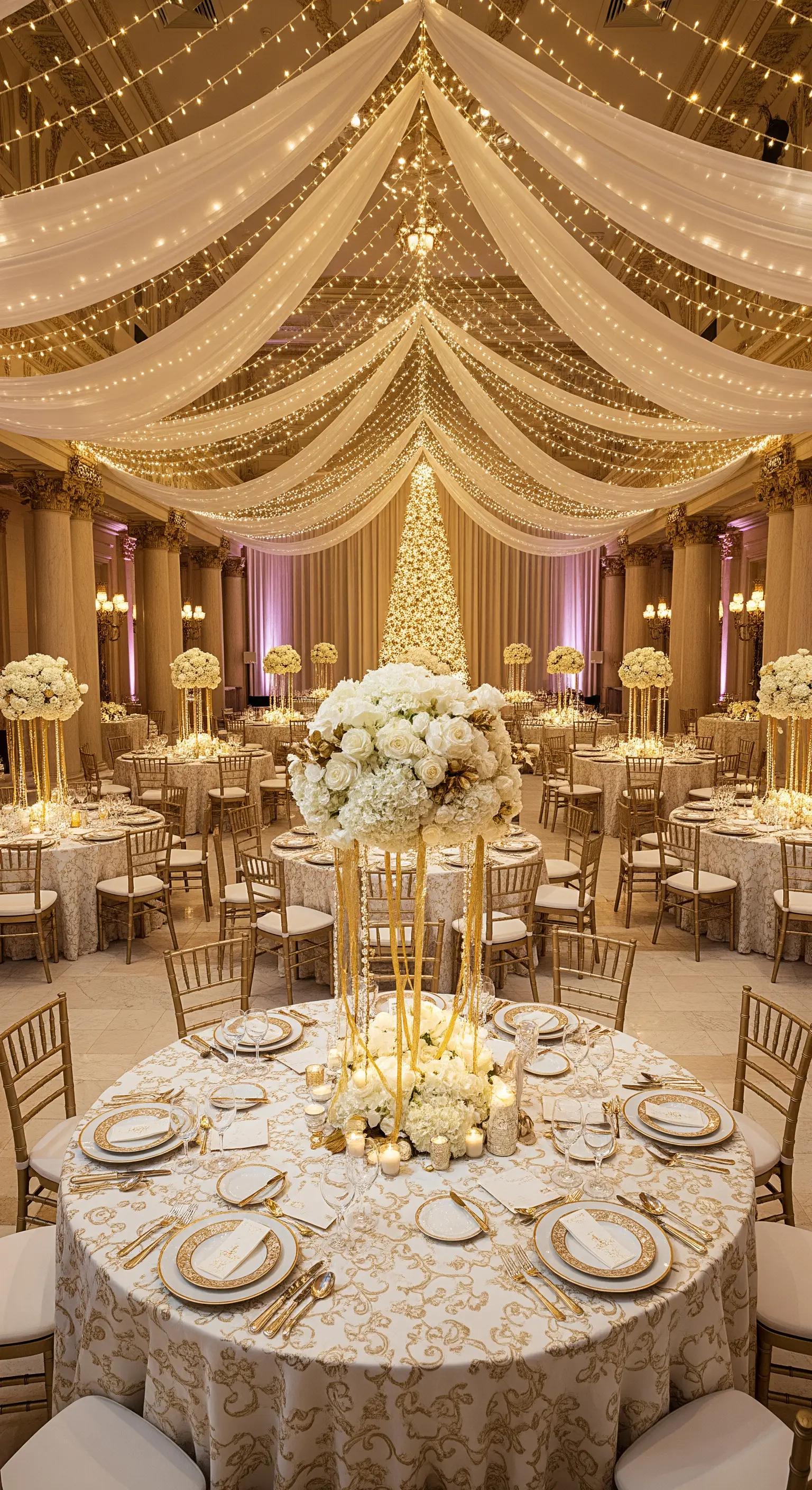 Prunkvolle Gala-Tafel mit hohen weißen Blumengestecken, goldener Deko und Lichterketten