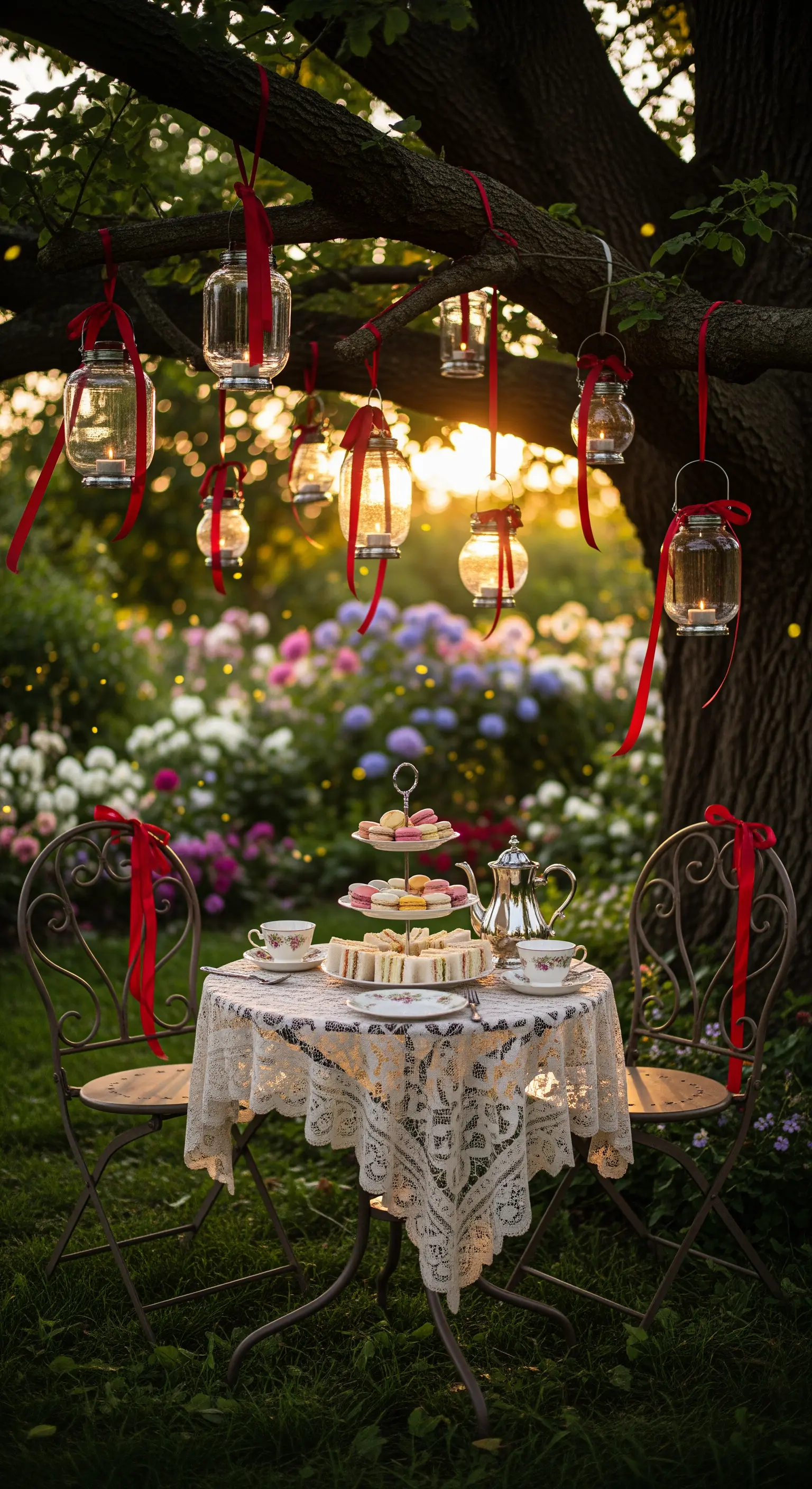 Garten Teeparty, Vintage Laternen, rote Bänder, Spitzentischdecke, Makronen, Abendstimmung