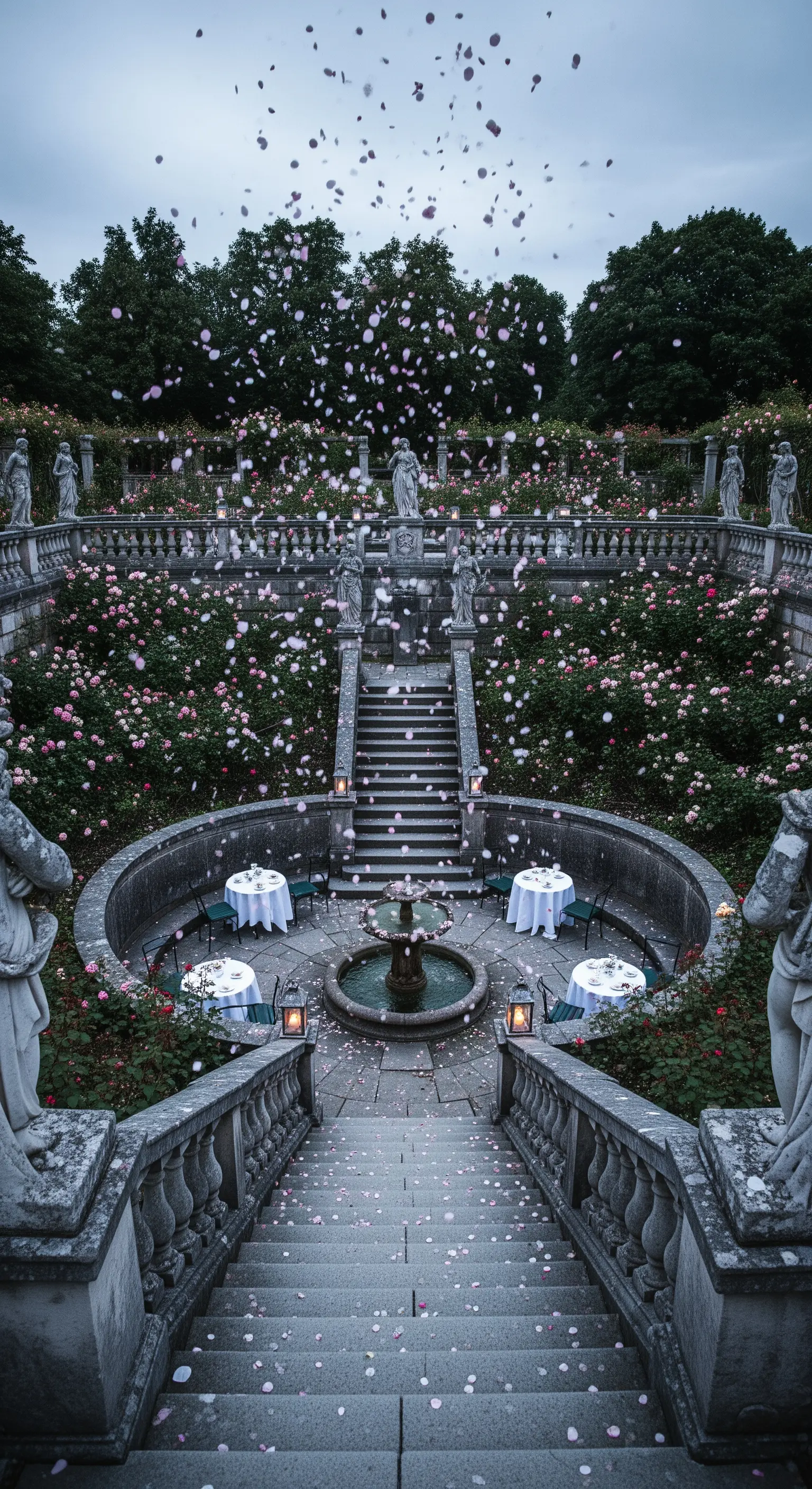 Steintreppe mit Rosenblüten, kleinen Tischen und Laternen im Garten