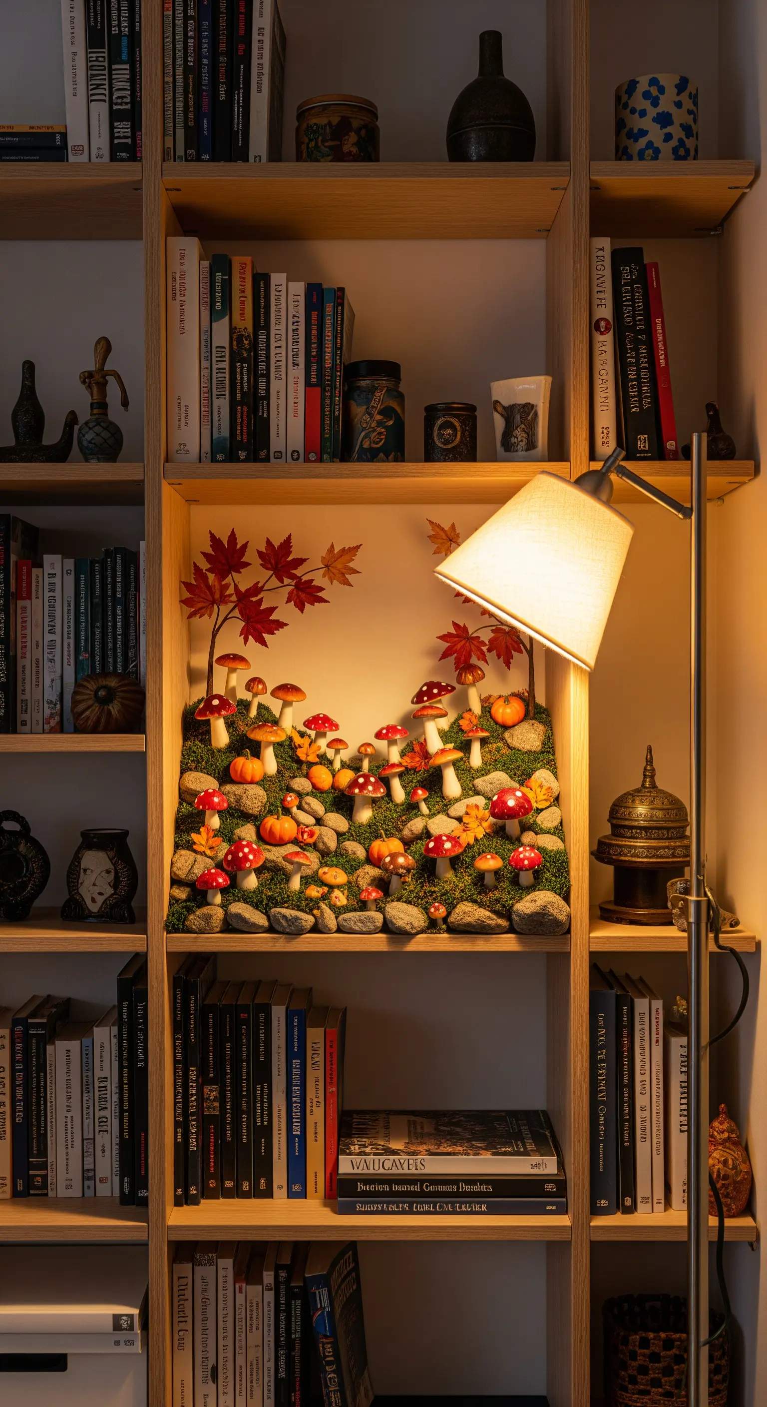 Bücherregal mit Diorama aus Moos, Pilzen, Kürbissen, Ahornblättern.