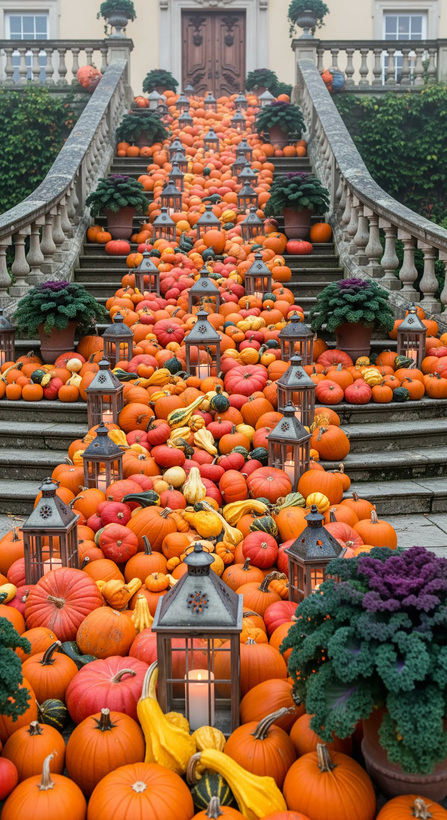 Große Treppe opulent dekoriert mit unzähligen Kürbissen und Laternen