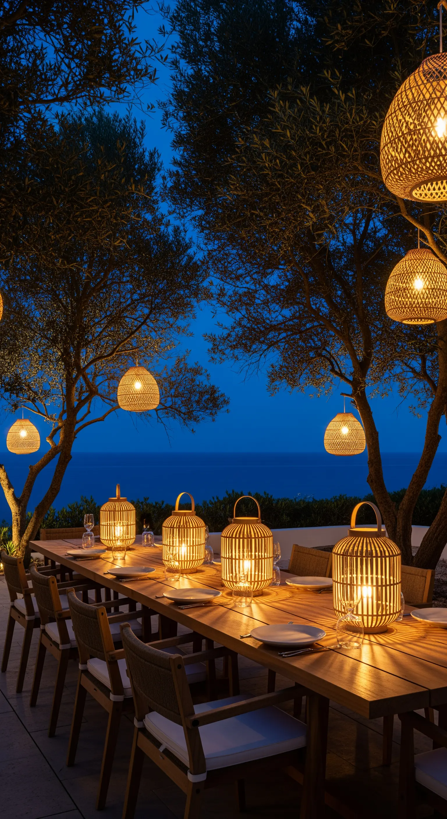 Outdoor-Dinner, Rattan-Laternen und Pendelleuchten unter Olivenbäumen bei Nacht