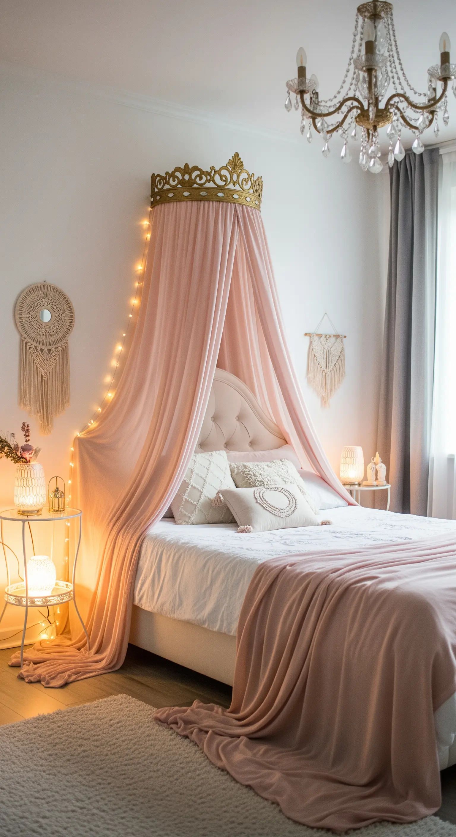 Bett mit einem rosa Baldachin, der mit einer goldenen Krone und Lichterketten verziert ist
