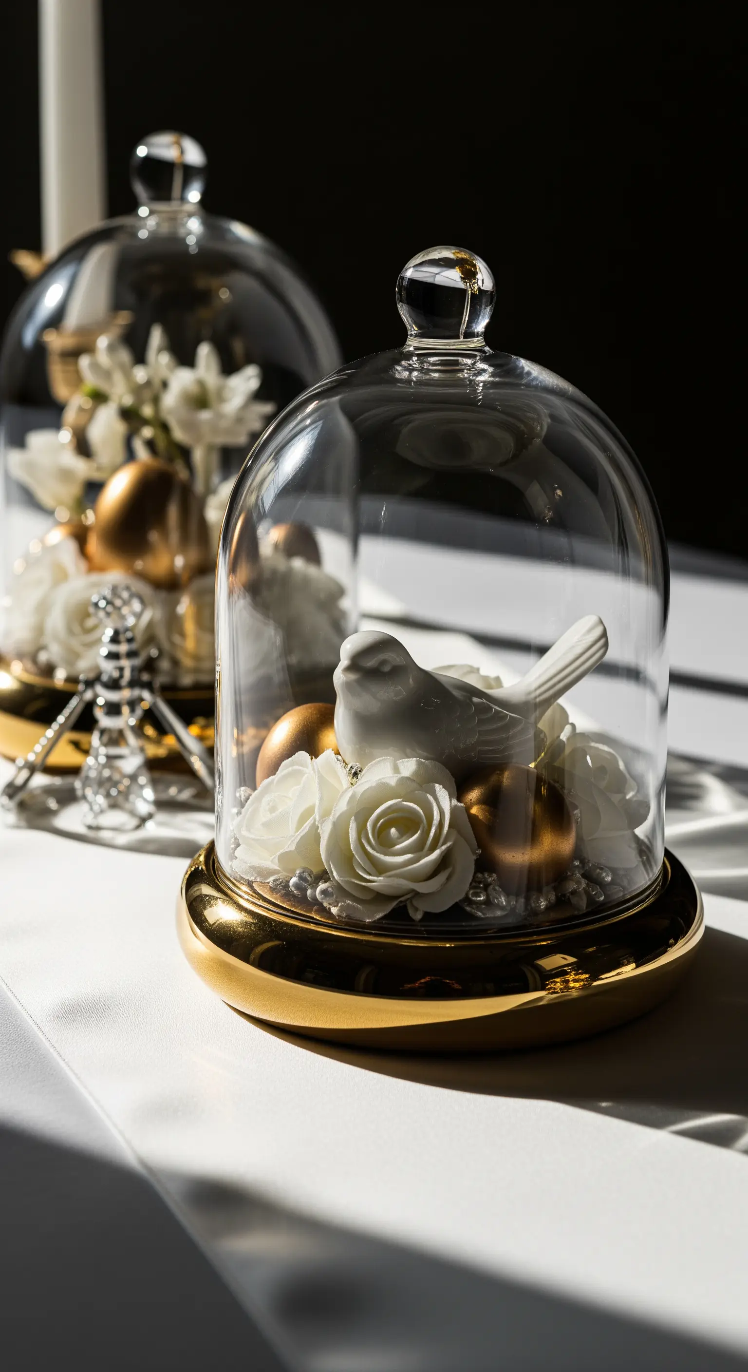 Glaskuppeln mit weißen Rosen, Vögeln und goldenen Eiern