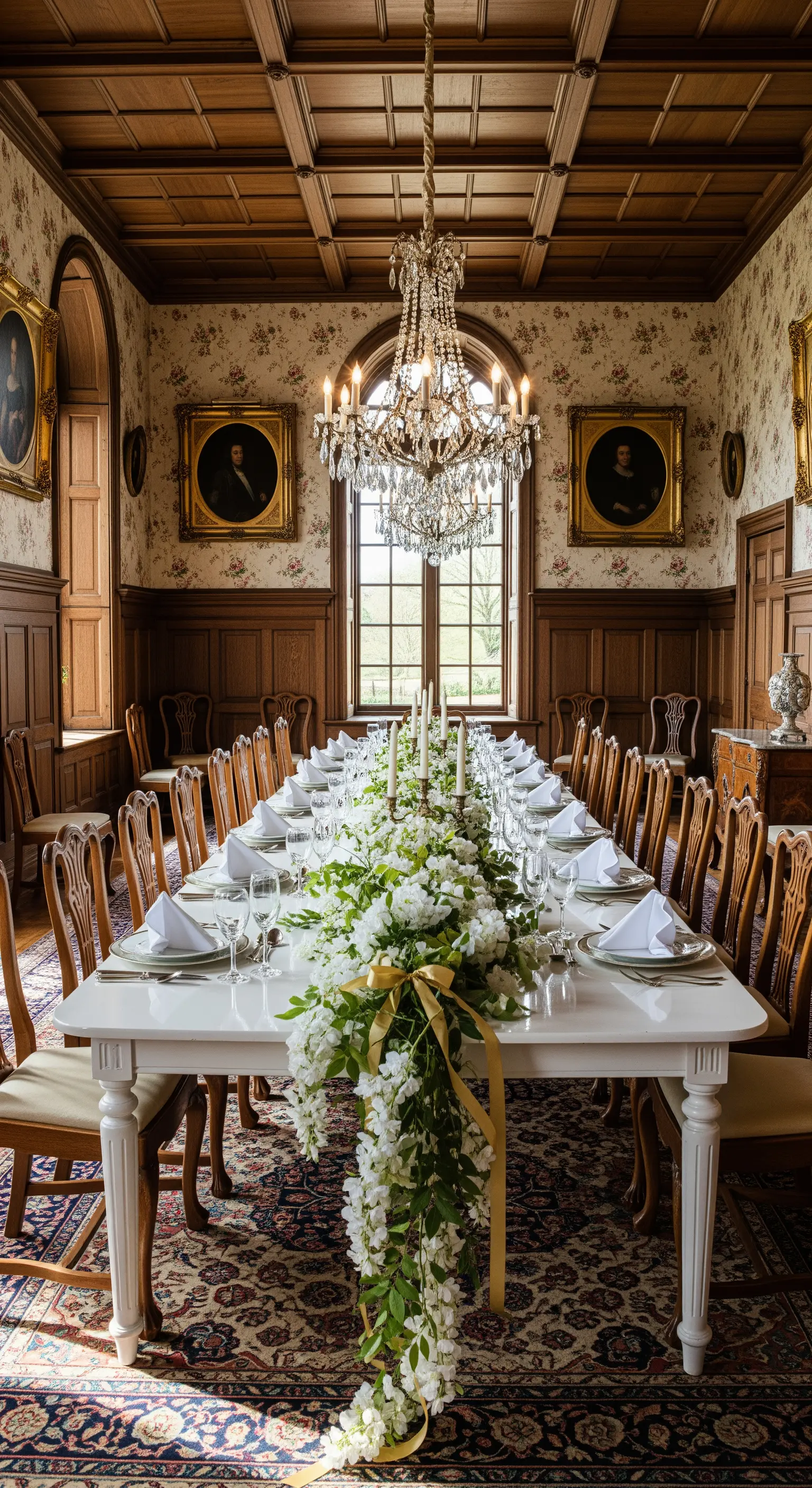 Festlicher Tisch mit weißem Blumenschweif und goldenem Band