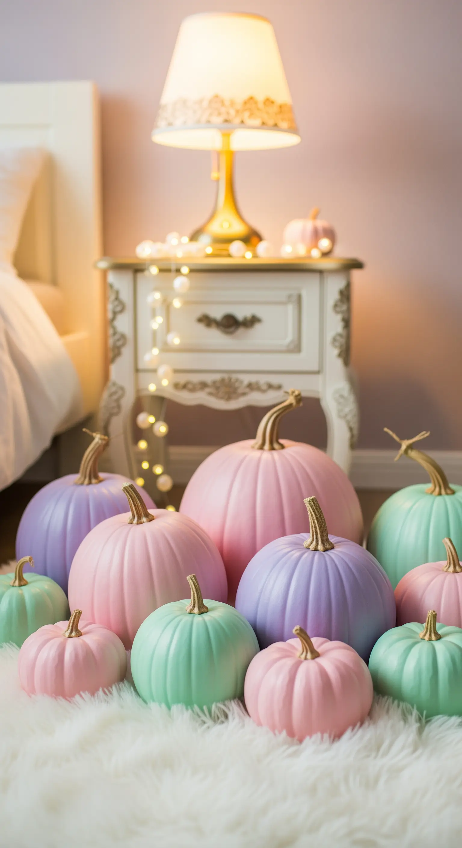 Pastellfarbene Kürbisse am Bettende mit Lichterkette und Nachttischlampe