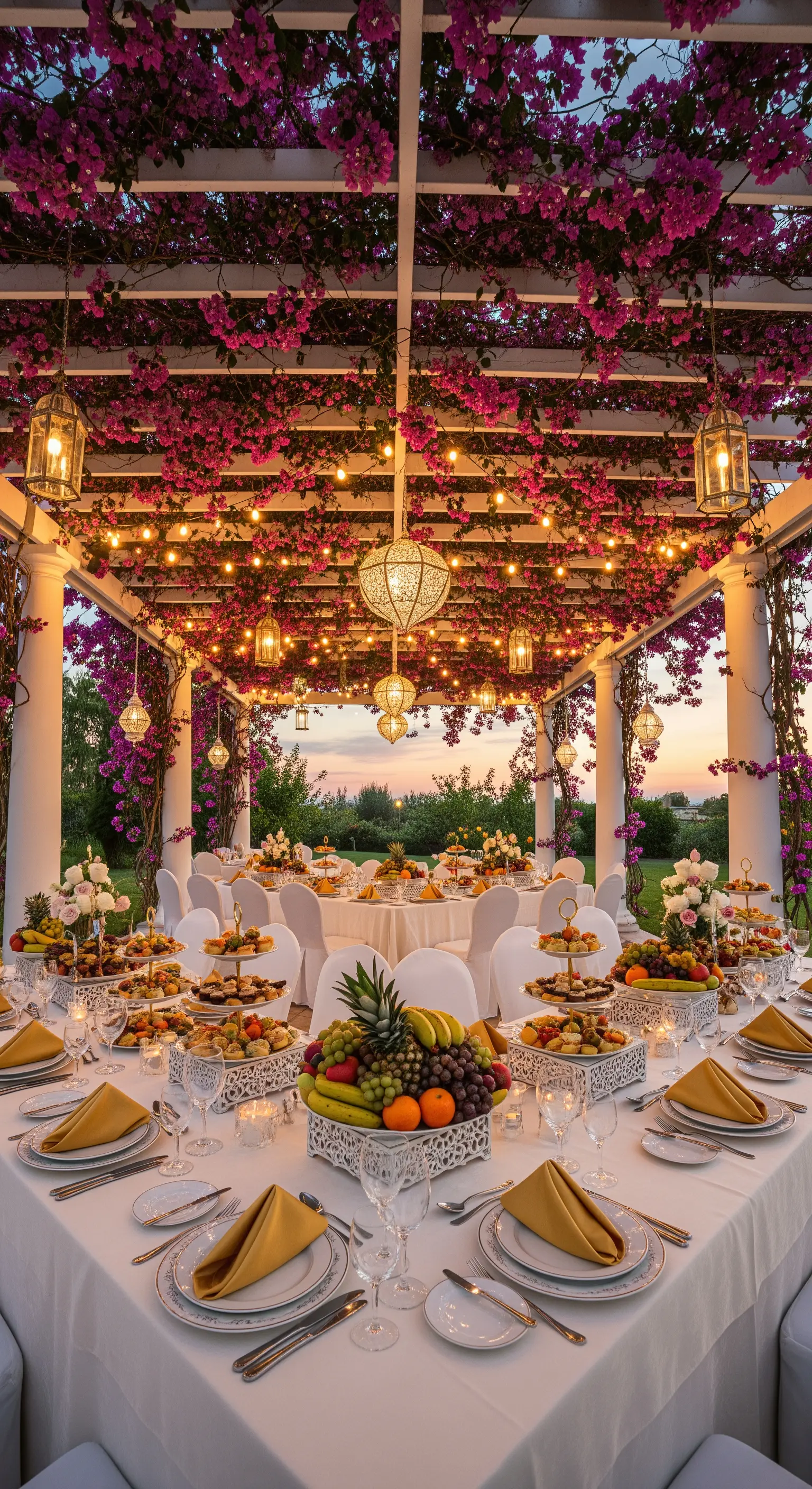 Pergola mit Bougainvillea, Lichterketten, Buffets mit Früchten, weiße Tischdecken