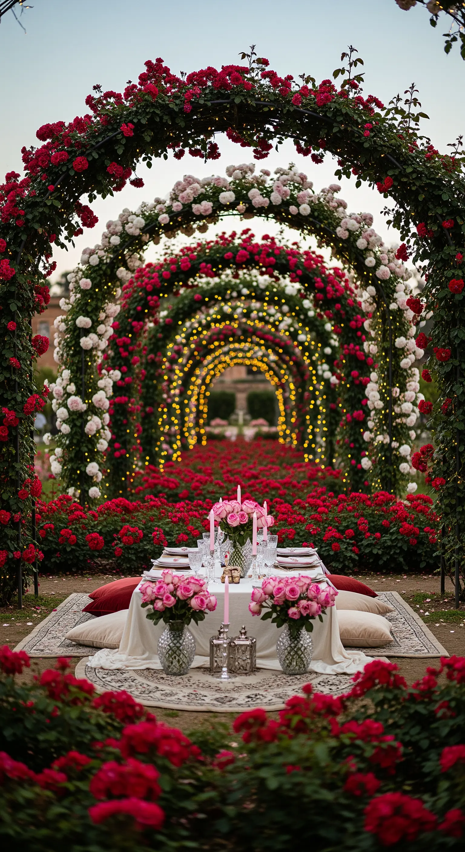 Romantisches Picknick unter Rosenbögen mit rosa Rosen, weißen Blumen und Kerzenschein