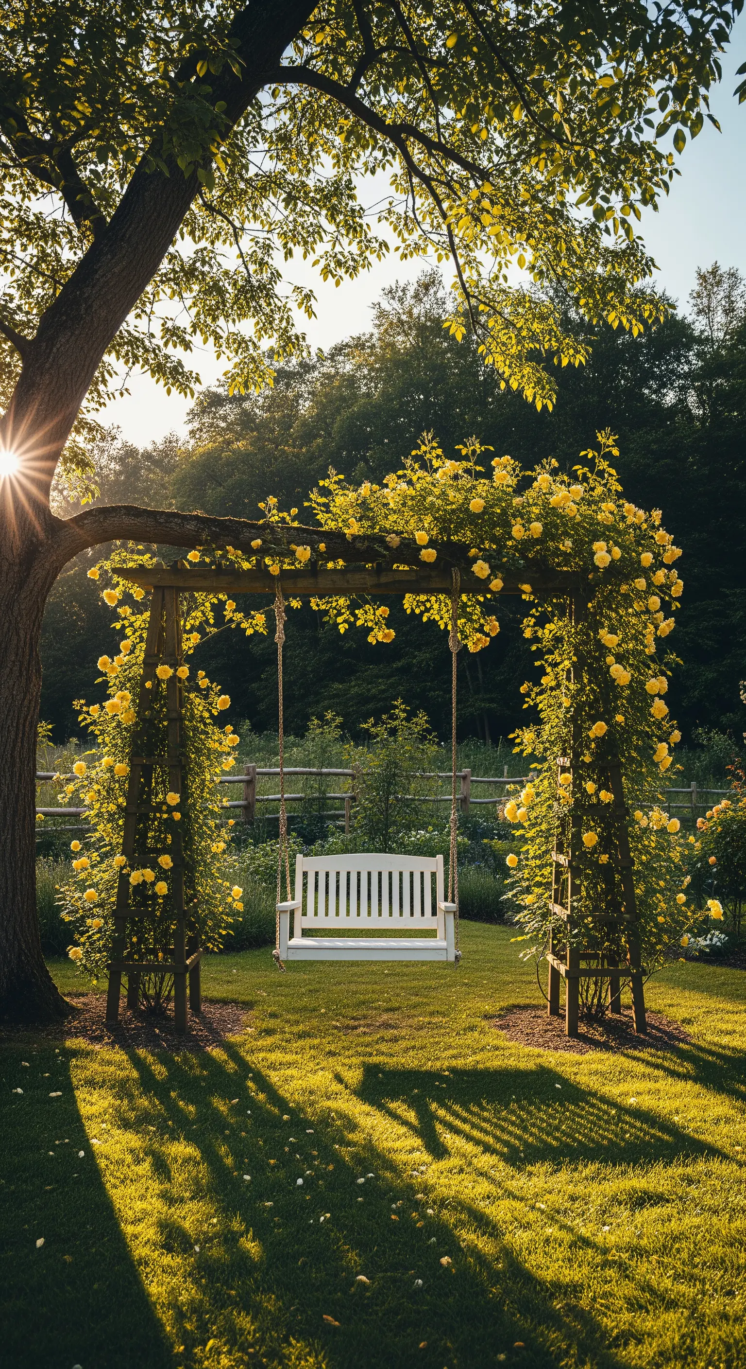 Gartenschaukel, gelbe Kletterrosen, Gartenidylle, romantische Sitzecke