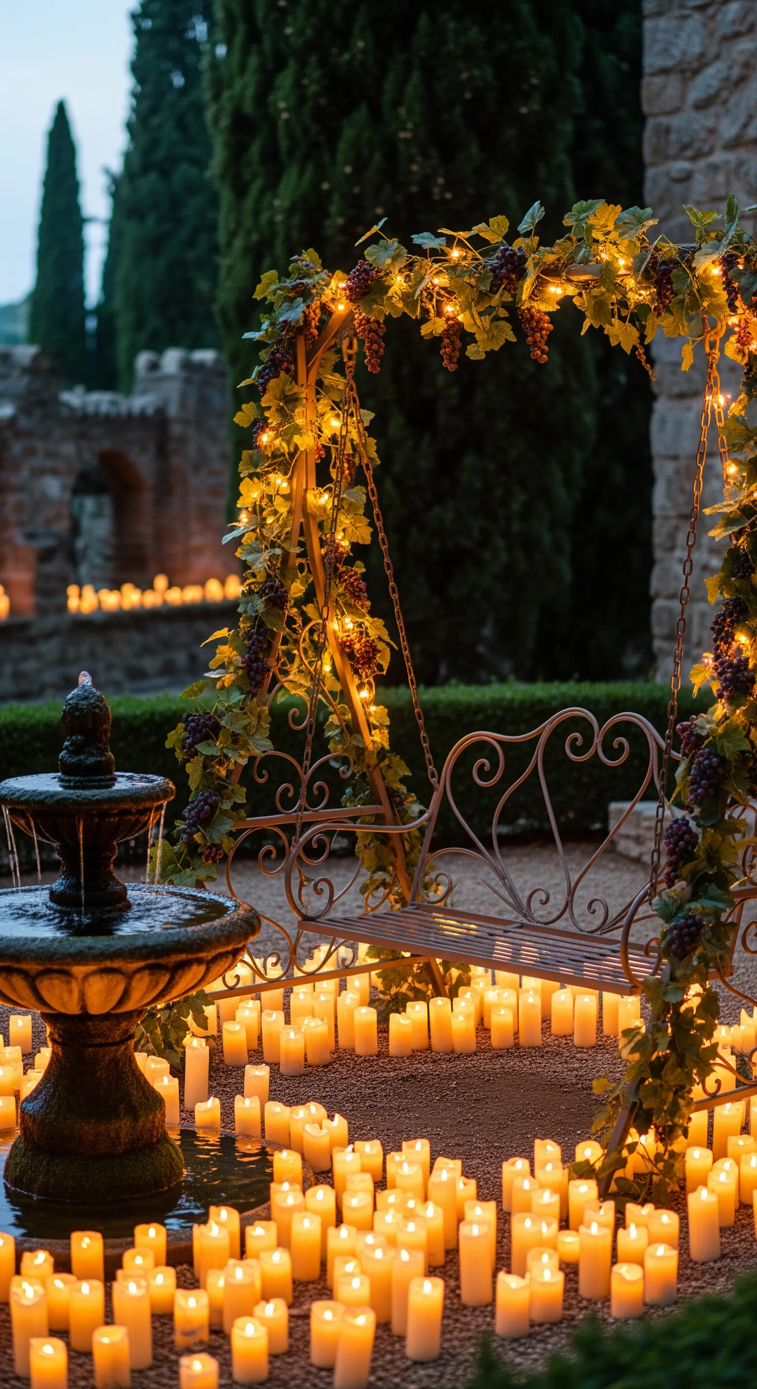 Gartenschaukel unter Lichterketten-Bogen, umgeben von unzähligen Kerzen und einem Brunnen
