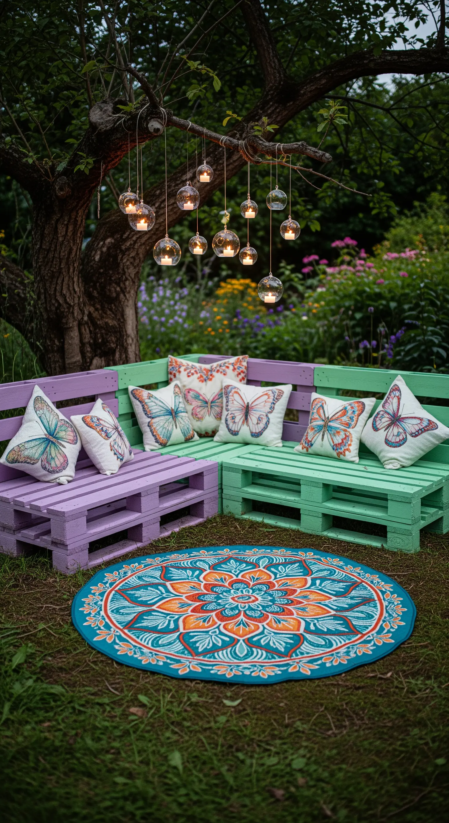 Pastellfarbene Palettenlounge mit Schmetterlingskissen, Mandala-Teppich und Hängeleuchten im Garten.