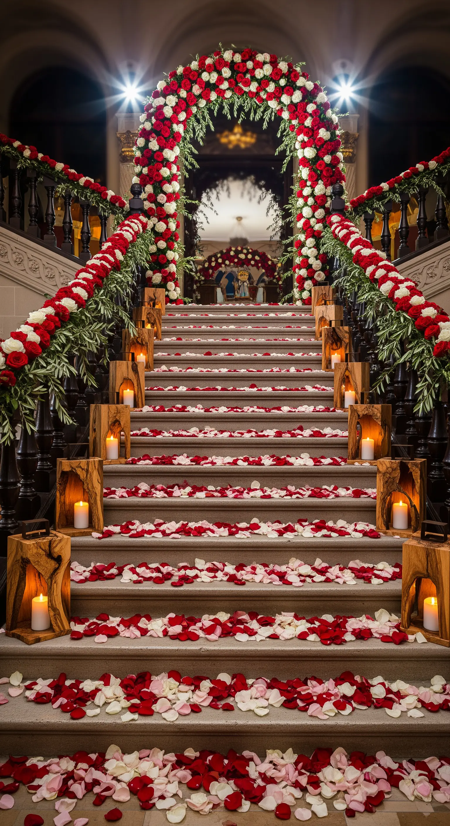 Festlich geschmückte Treppe mit Rosenblättern, Holzlaternen und Blumengirlanden