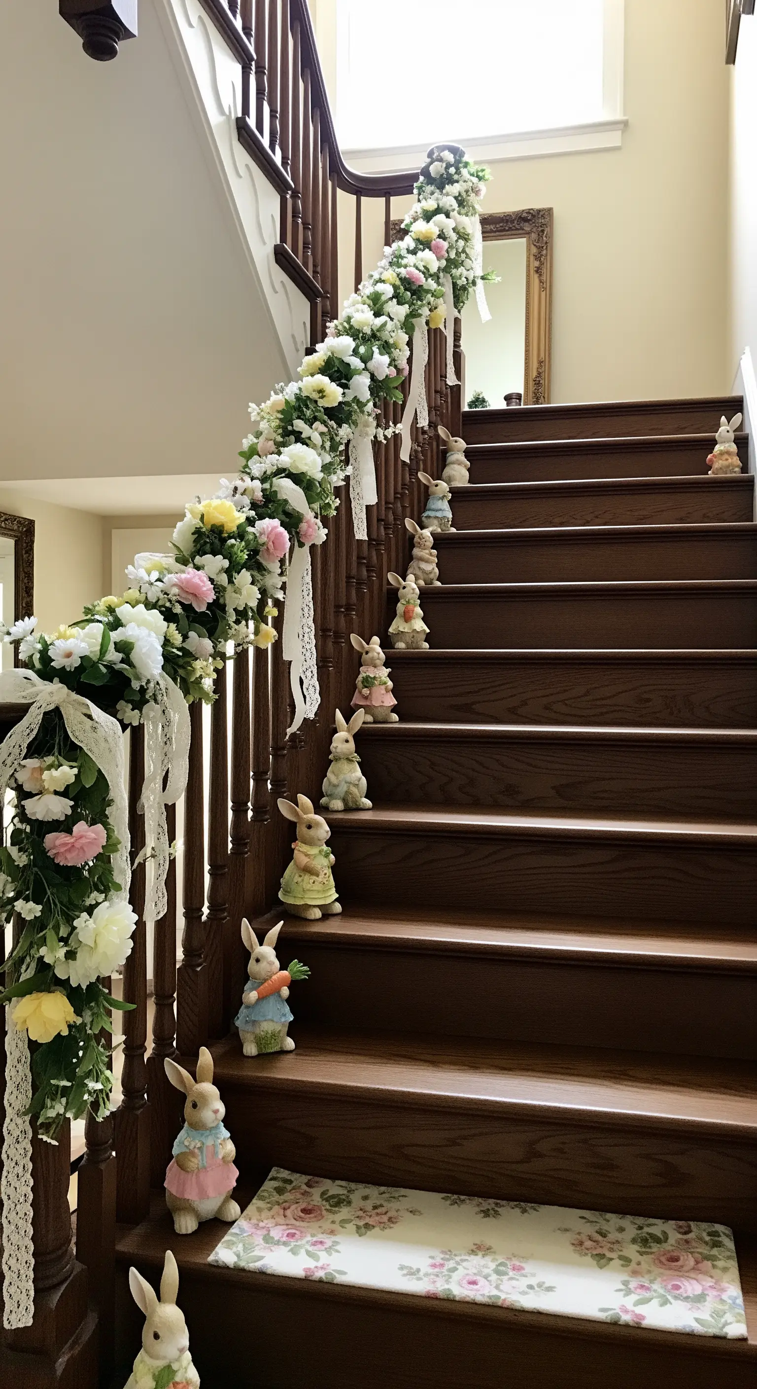 Treppenhaus mit floraler Girlande, Spitzenbändern und Keramikhasen auf jeder Stufe.