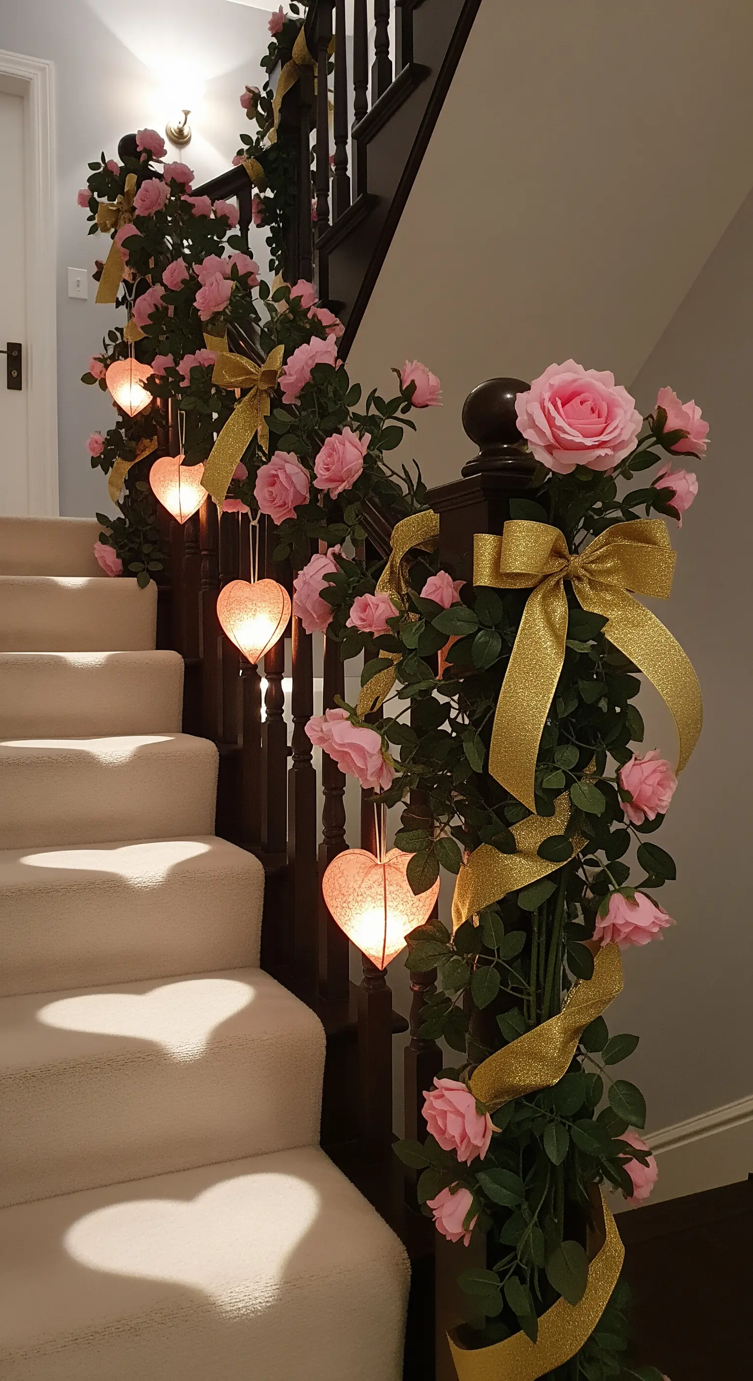 Treppengeländer mit rosa Rosen, goldenen Bändern und leuchtenden Herzlaternen.