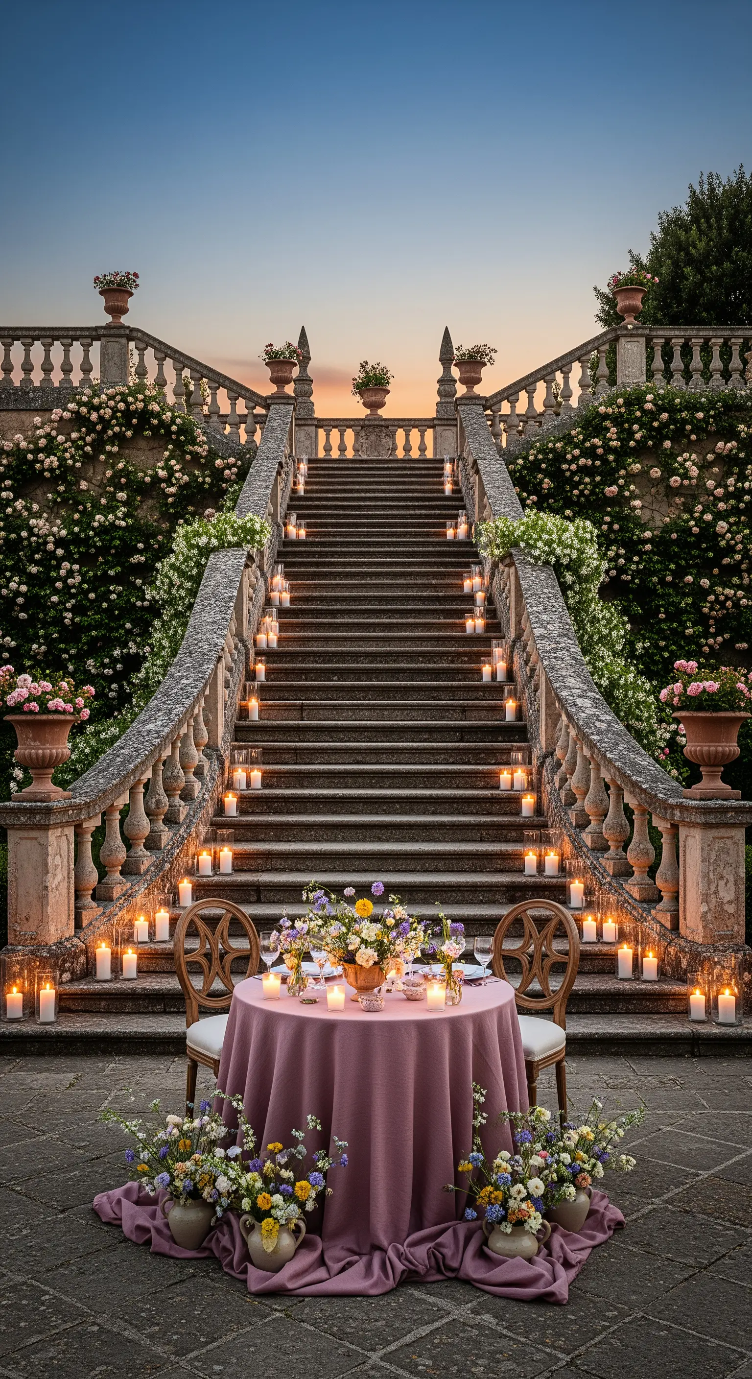 Große Steintreppe mit vielen Kerzen und einem romantischen Tisch für zwei im Garten