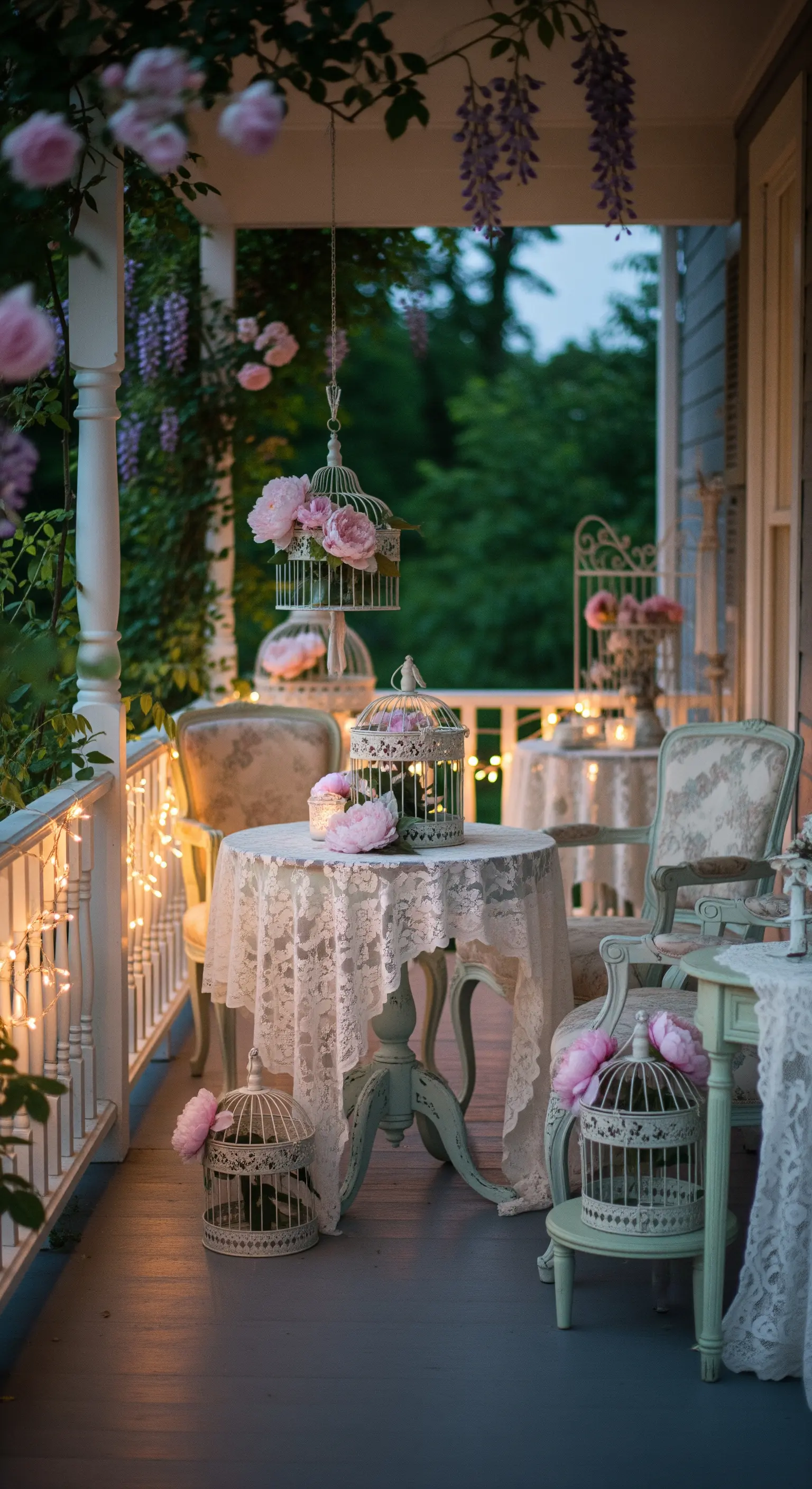 Romantische Vintage-Veranda mit Pfingstrosen in Vogelkäfigen, Spitzen-Tischdecke und Lichterketten