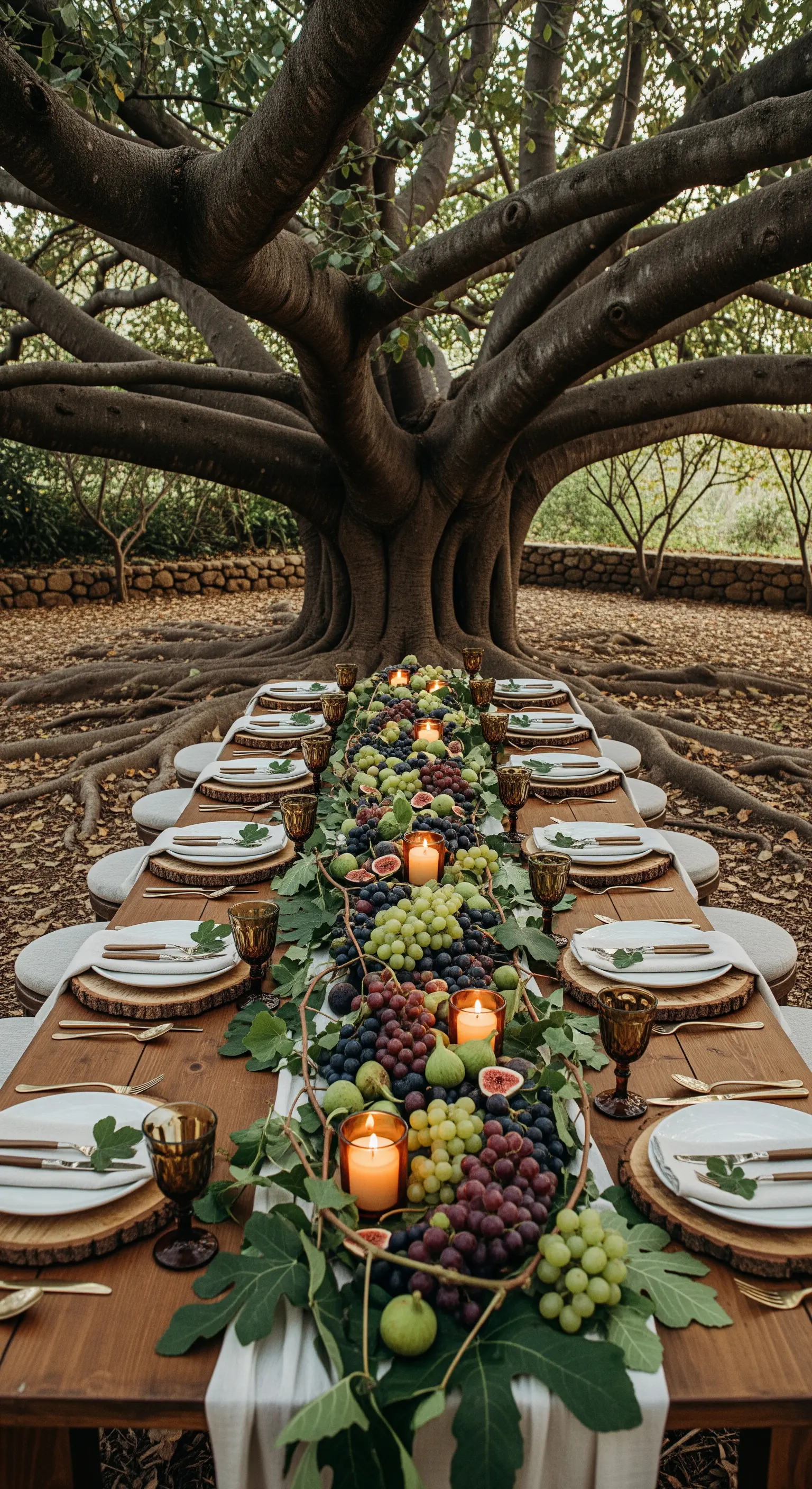 Lange Tafel im Wald mit Blätter- und Traubenläufer, Feigen und Kerzen