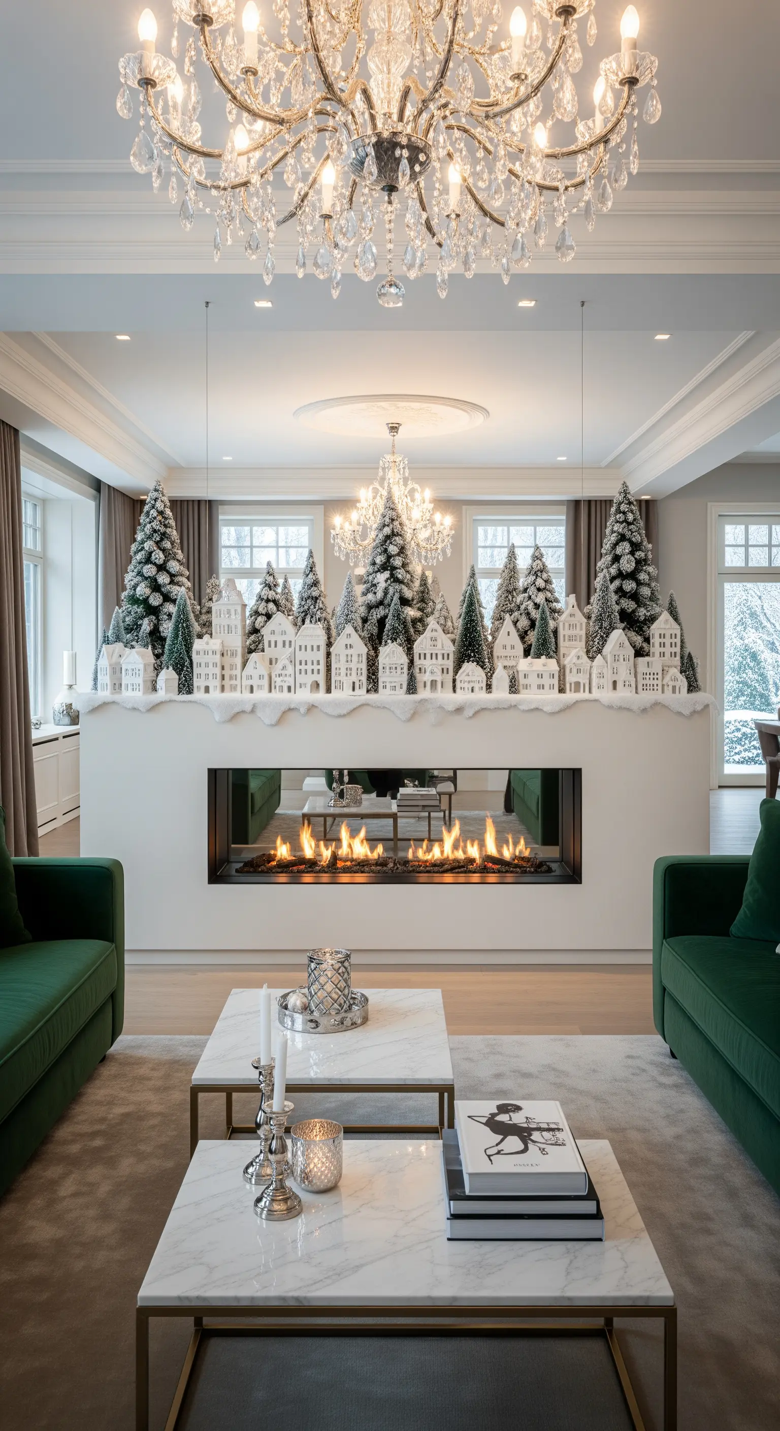 Moderner Kamin mit weißem Weihnachtsdorf, verschneiten Bäumen und grünen Sofas