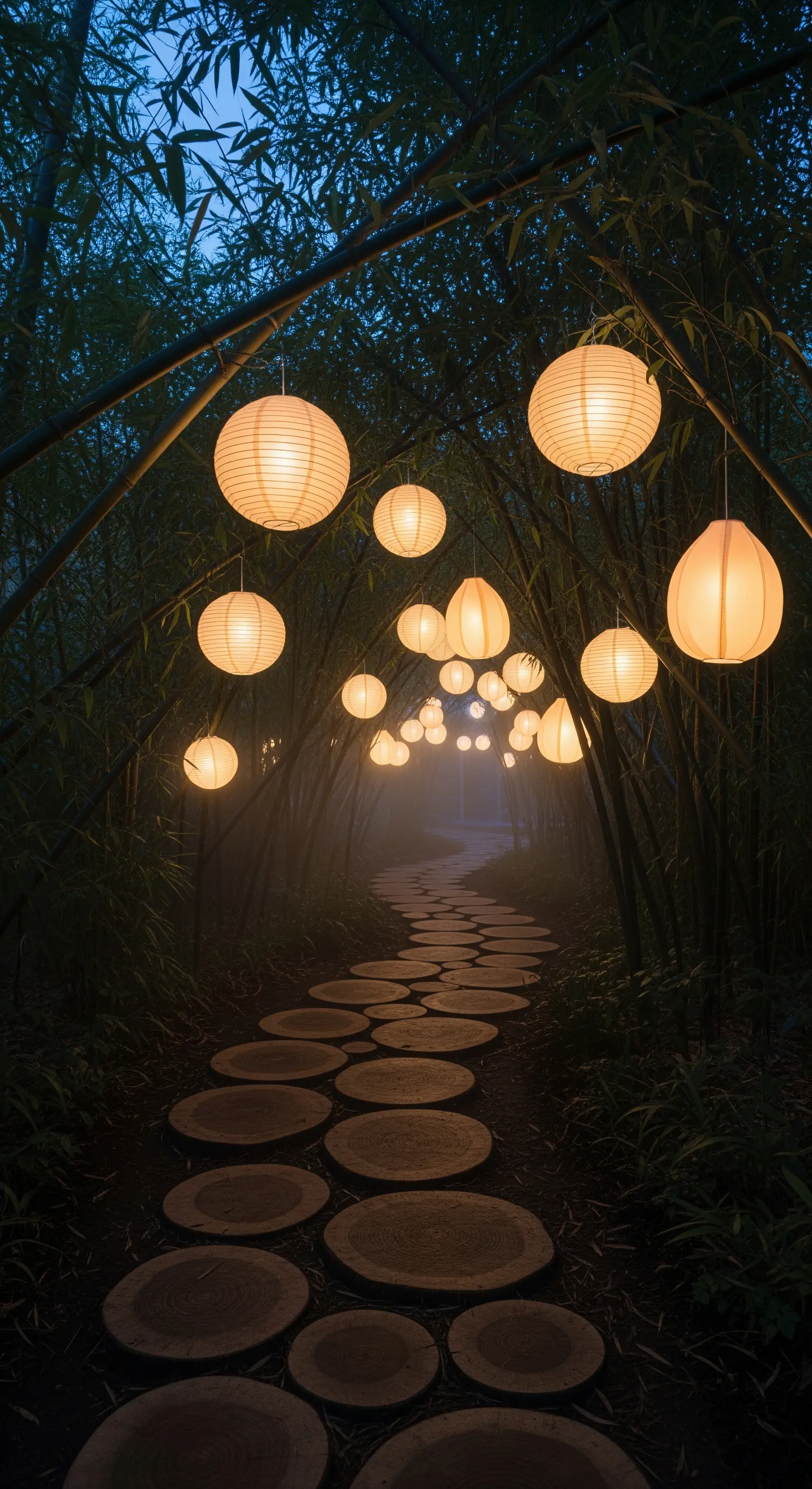 Bambus-Tunnelweg mit Holzscheiben und zahlreichen hängenden Papierlaternen