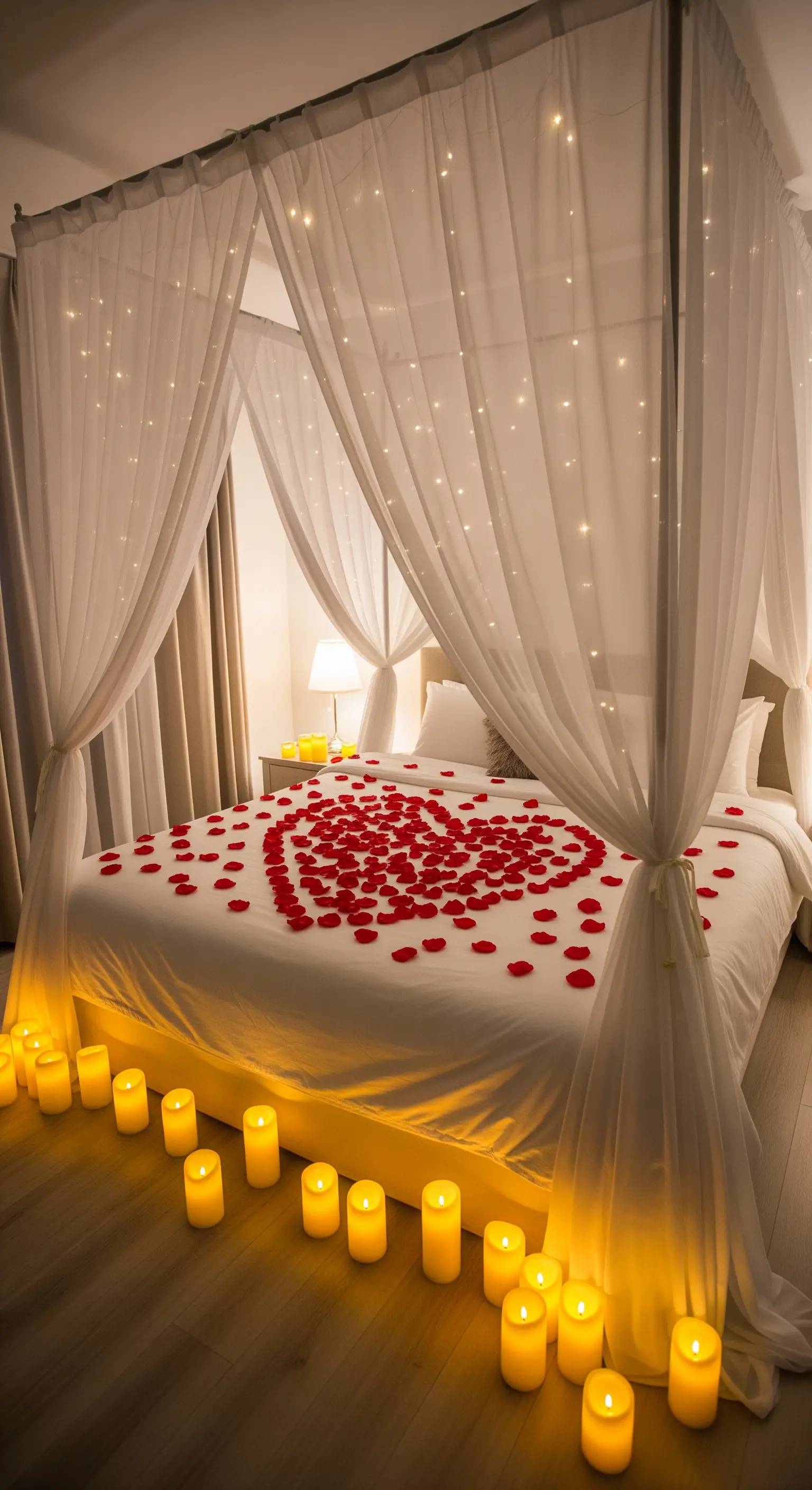 Betthimmel mit Lichterketten, Kerzenreihe und Herz aus Rosenblättern auf dem Bett
