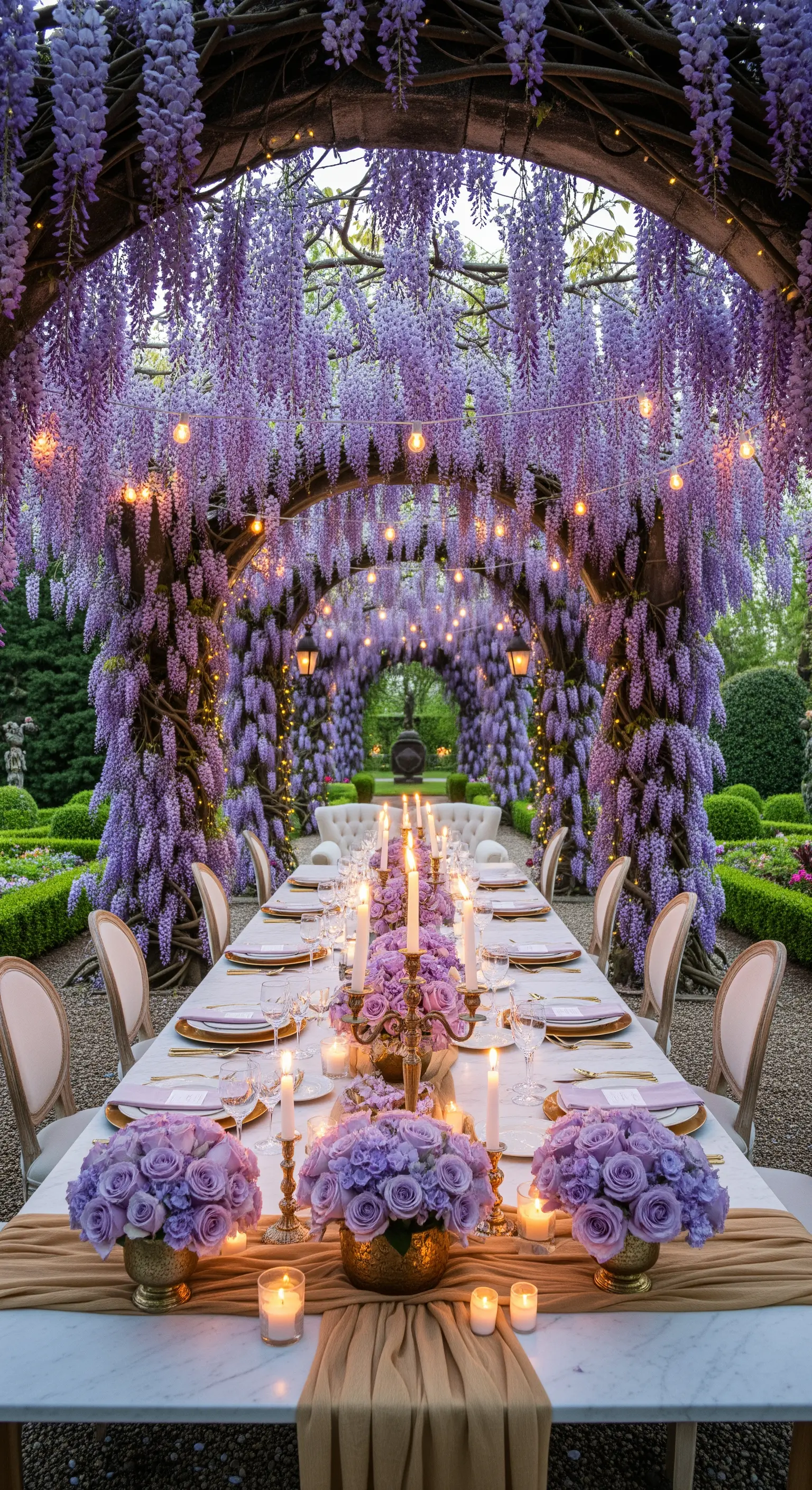 Glyzinien-Tunnel mit lila Rosenbouquets, goldenen Akzenten und Kerzenlicht auf Marmortisch.
