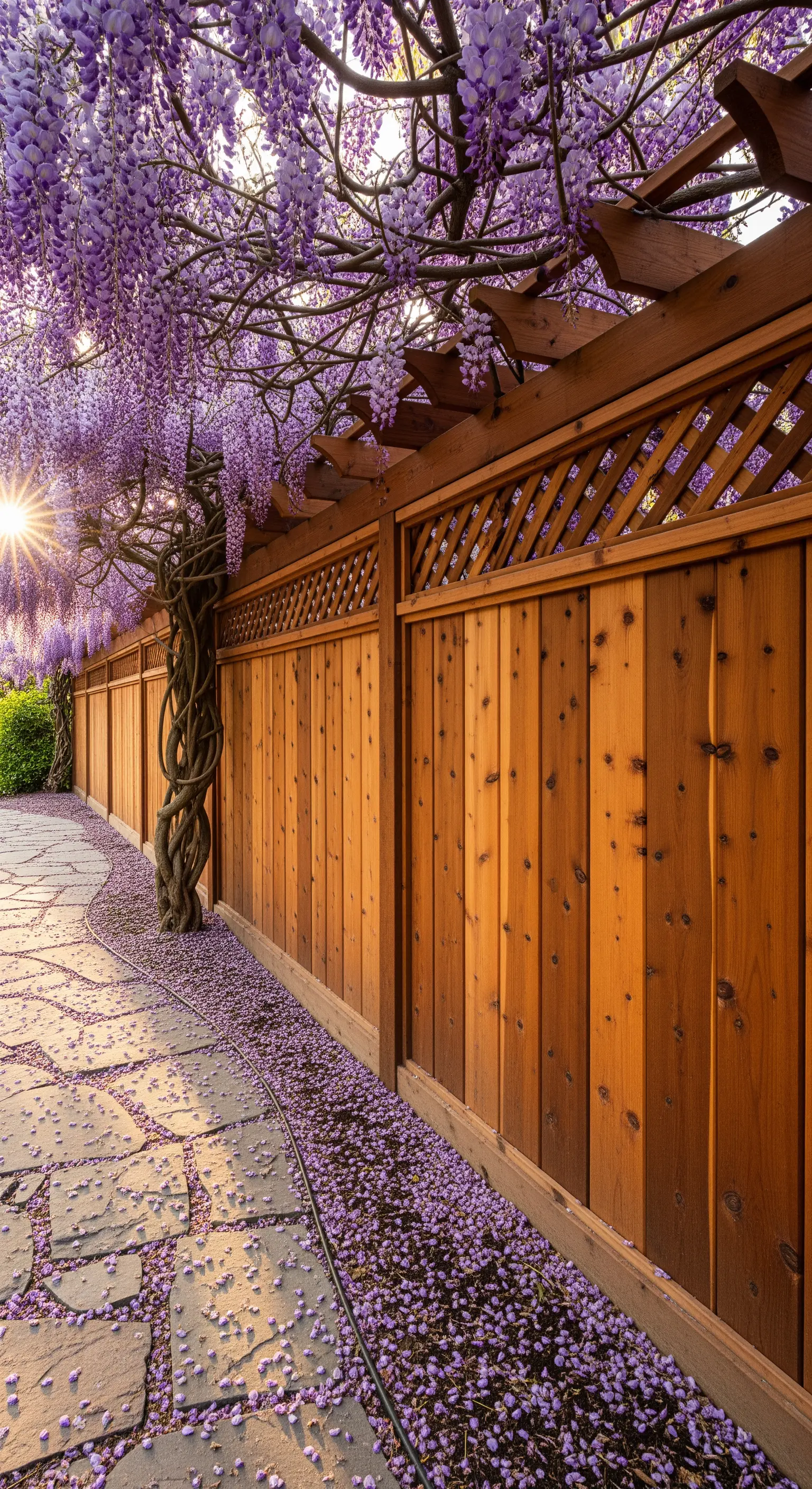 Holzzaun und Pergola mit blühender Glyzinie und Steinpfad