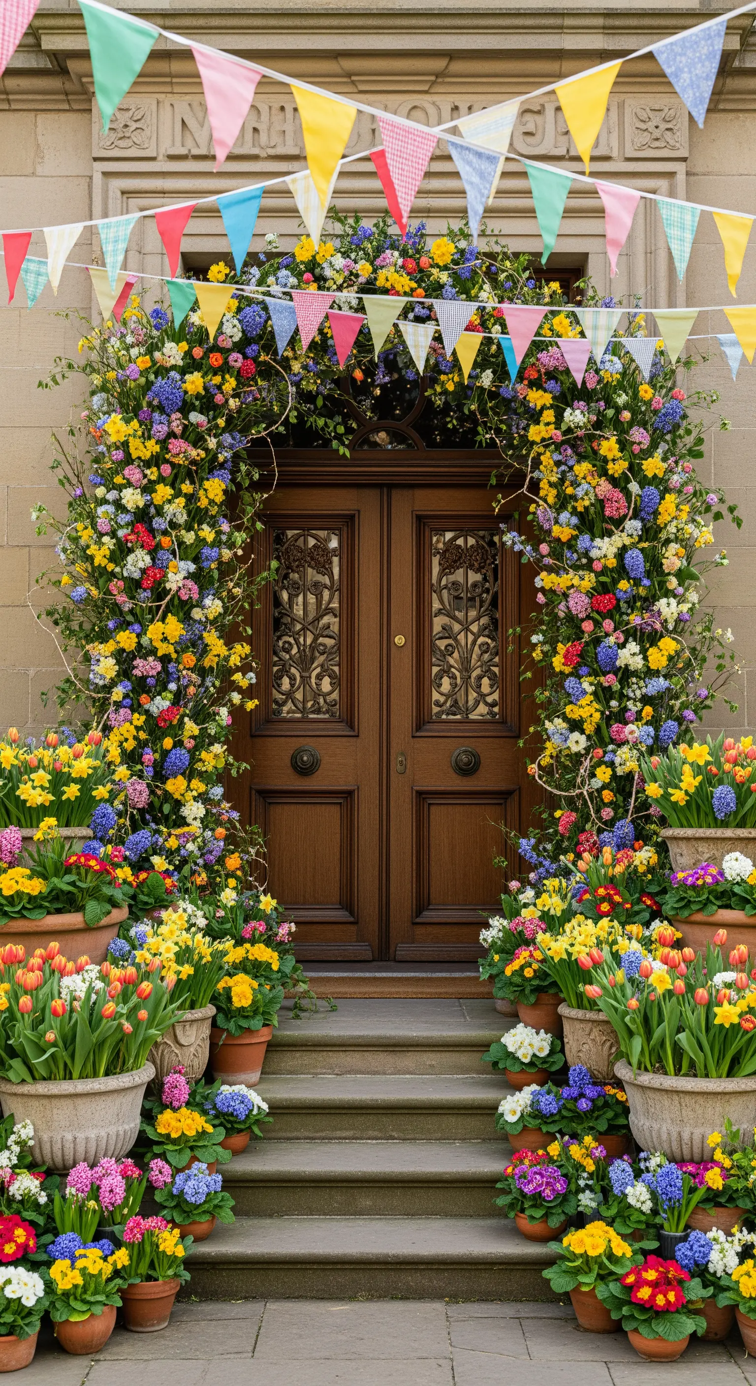 Blumiger Eingang, Blütenbogen, Frühlingsblumen, Wimpelkette, festlich
