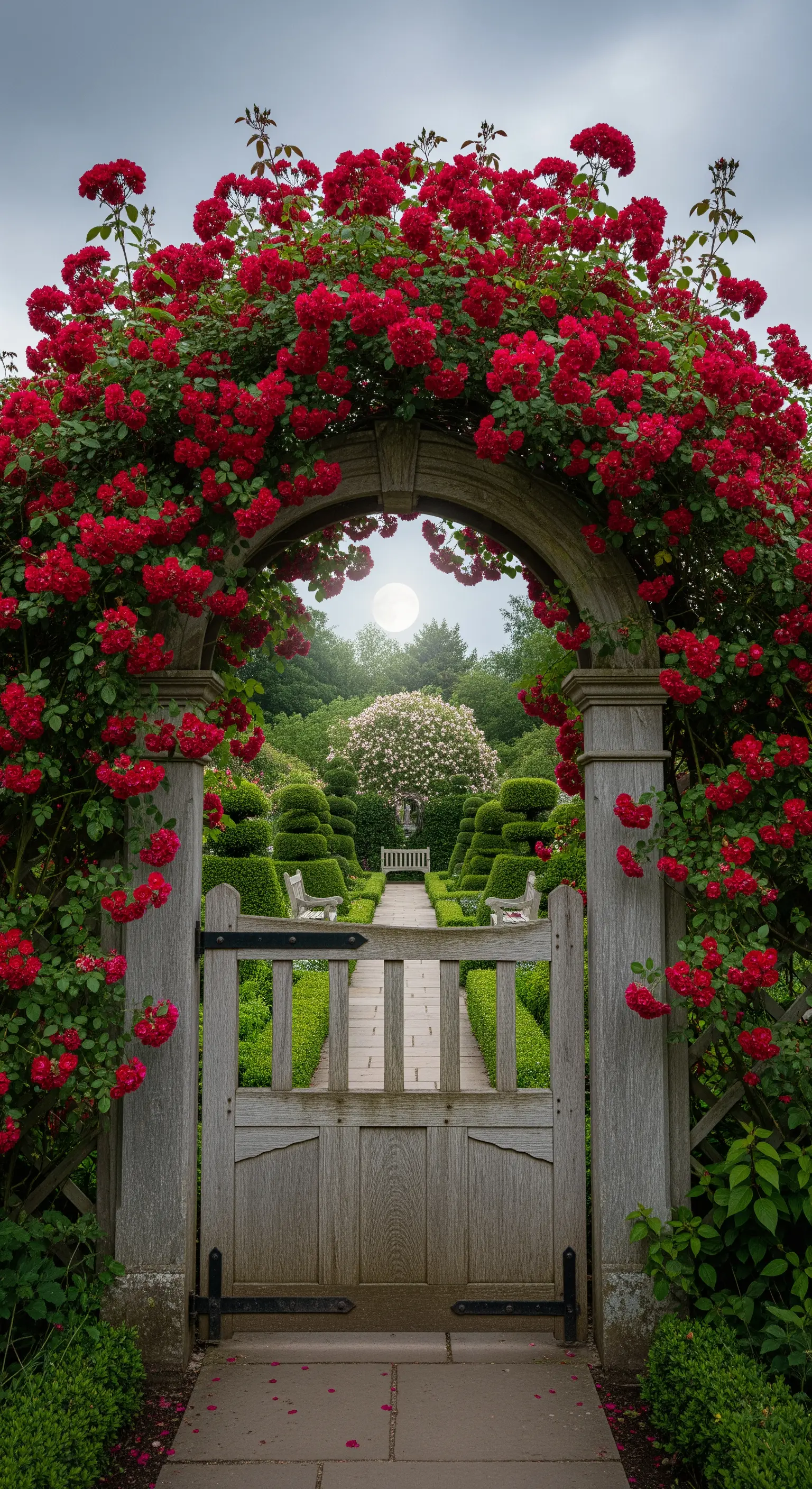 Holztor mit rotem Rosenbogen, Blick in einen formalen Garten unter dem Mond.