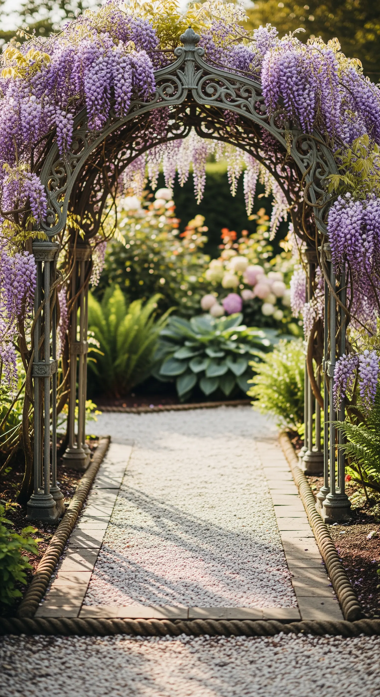 Schmiedeeisernes Tor mit Glyzinien über hellem Kiesweg