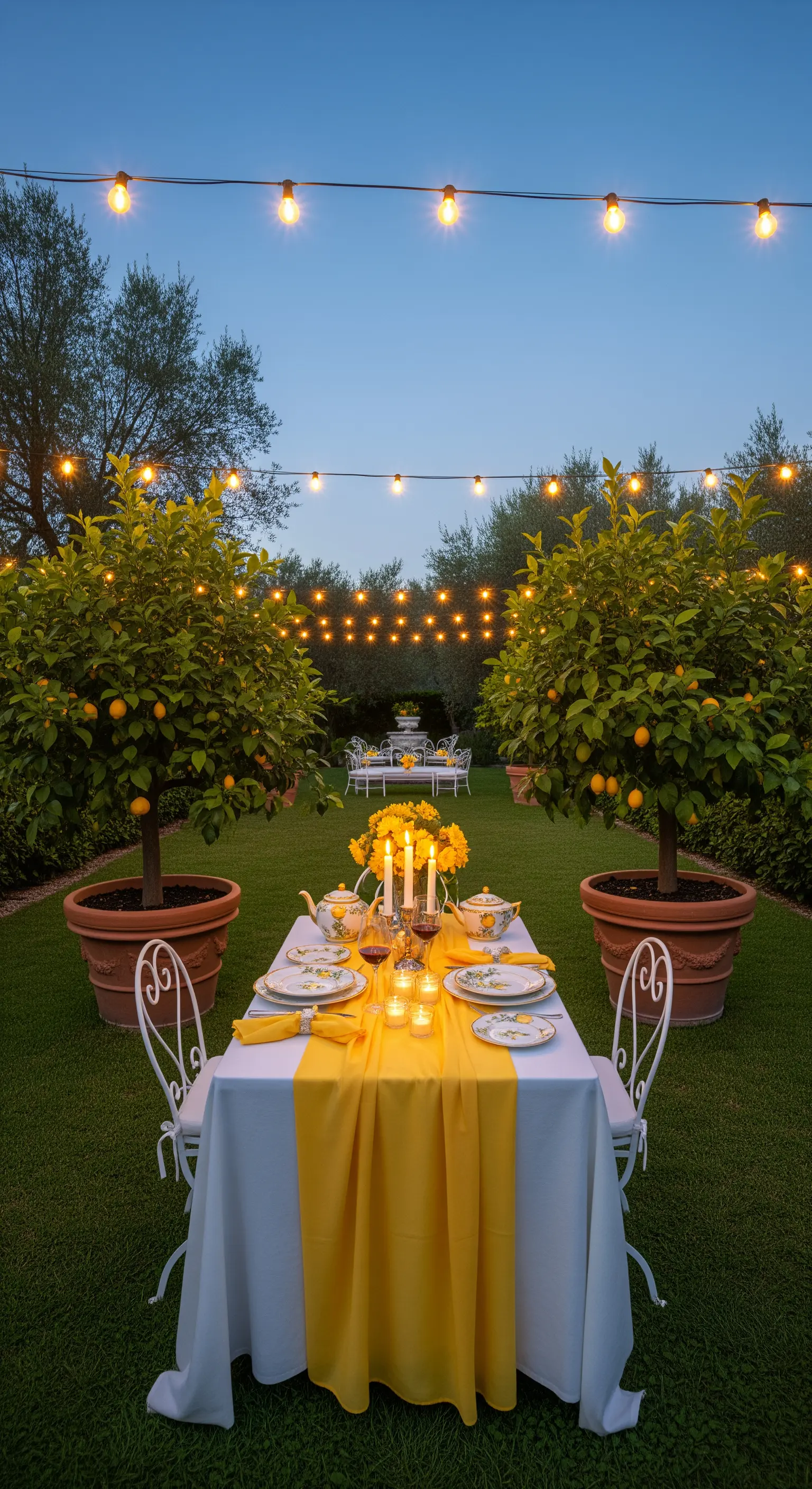 Gartentisch mit Zitronenbäumen, Lichterketten und Kerzen