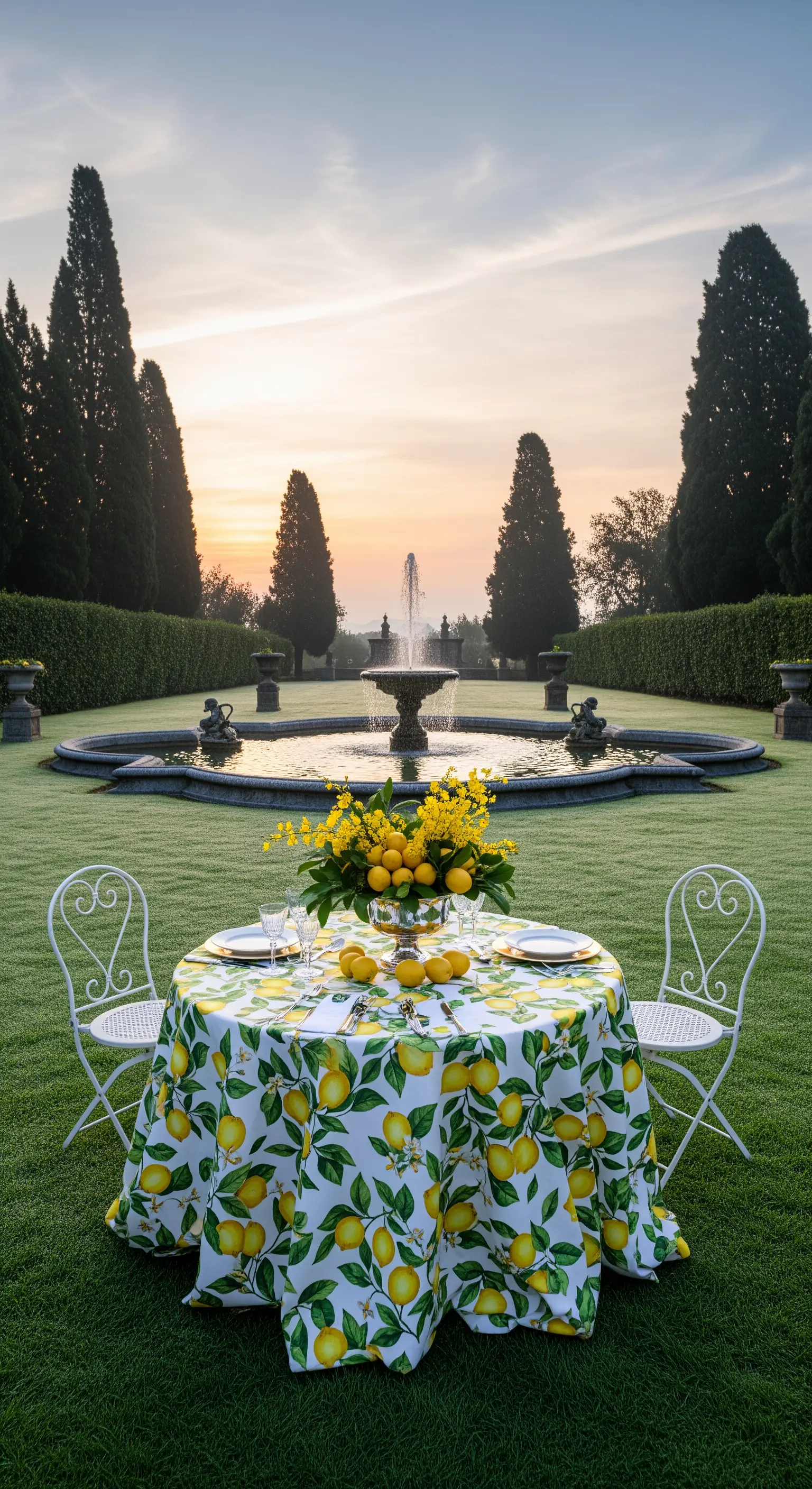 Runder Tisch mit Zitronenmuster-Tischdecke in einem Garten mit Springbrunnen