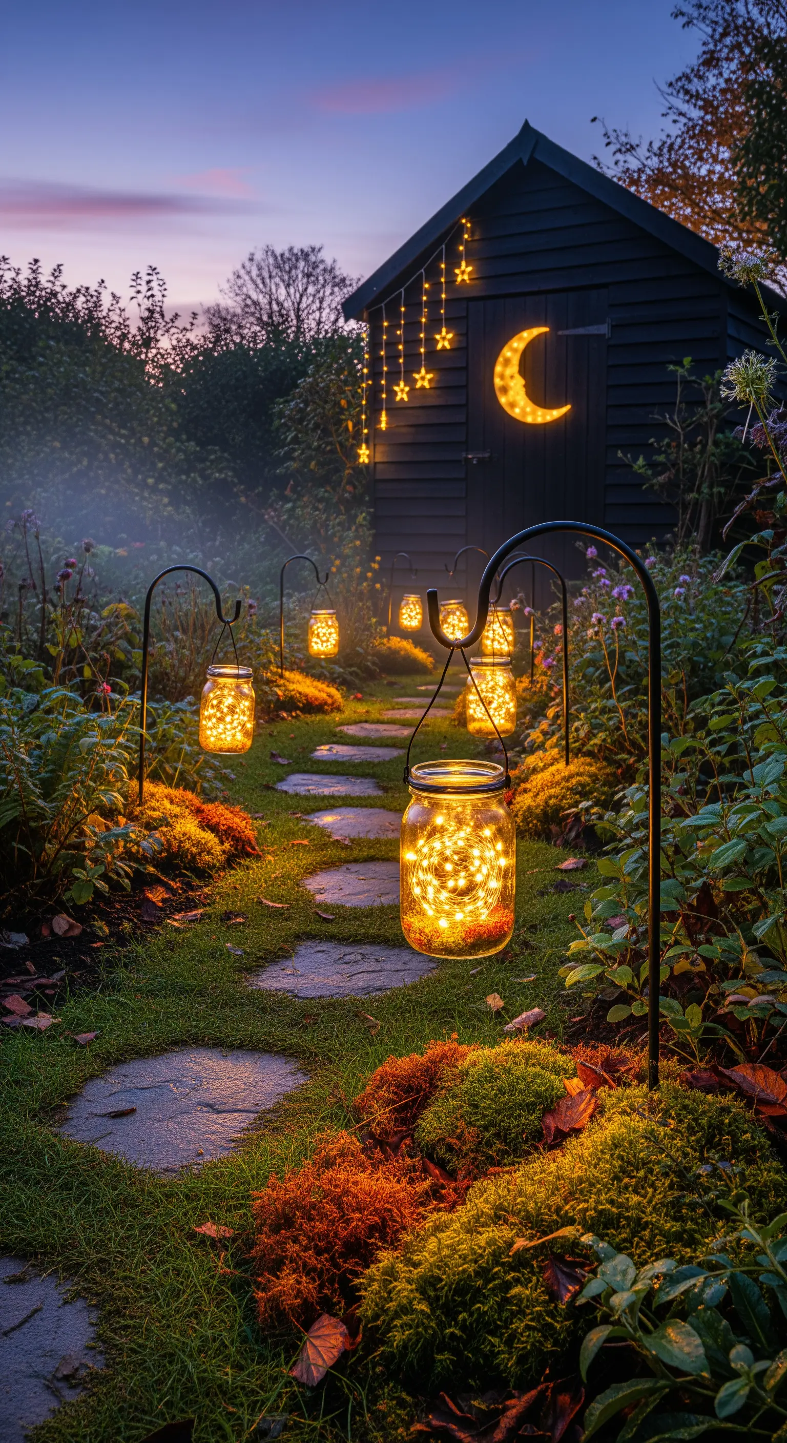 Halloween Gartenweg mit Laternen, Lichterketten und leuchtendem Mond-Stern-Deko
