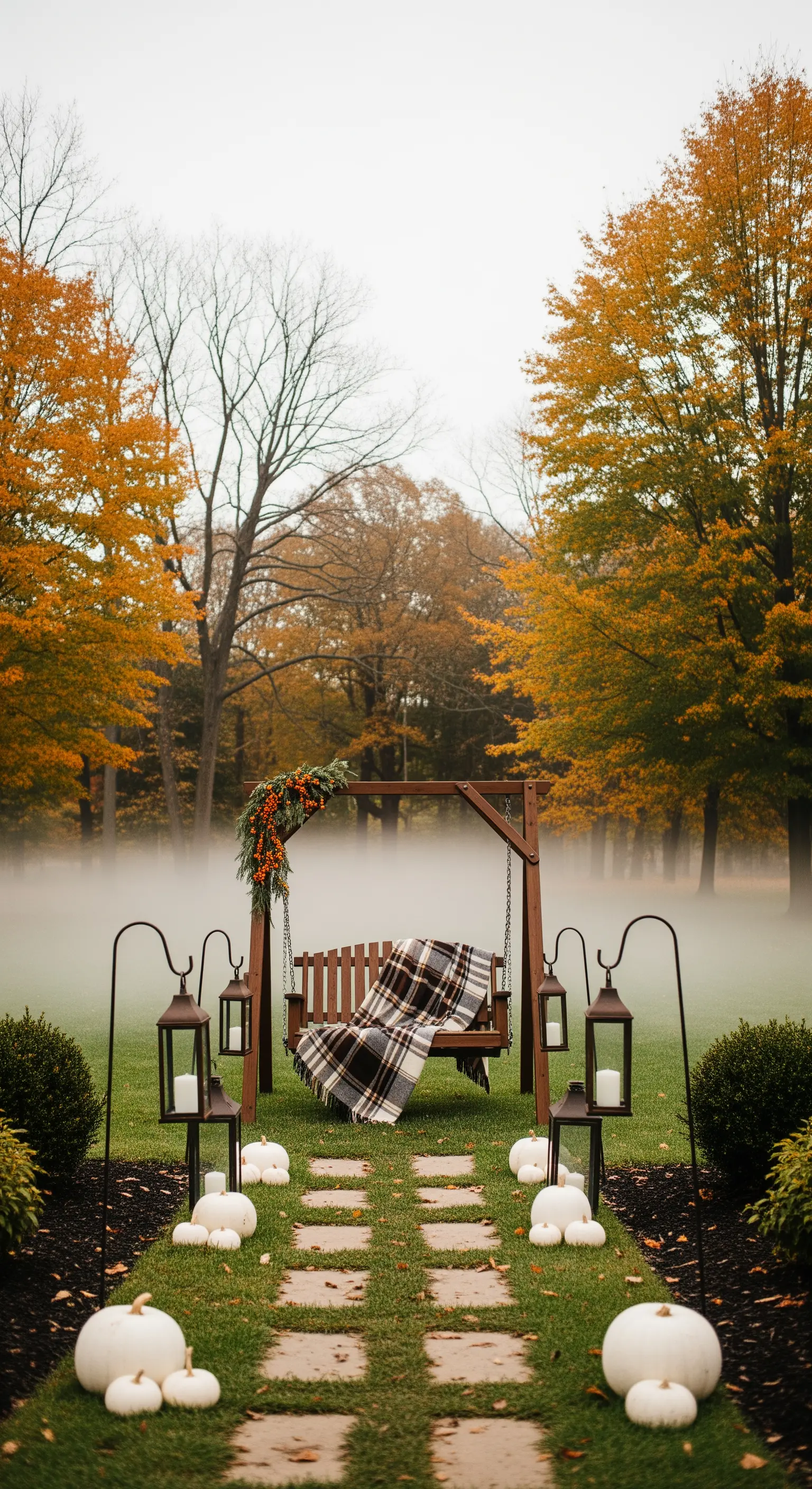 Gartenschaukel mit karierter Decke, von Laternen und weißen Kürbissen gesäumtem Weg im Nebel.