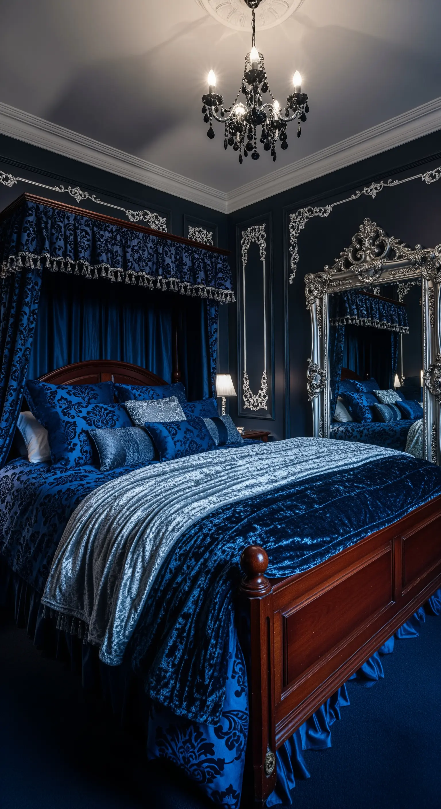 Himmelbett mit Samtvorhängen und Spiegel im Barockstil