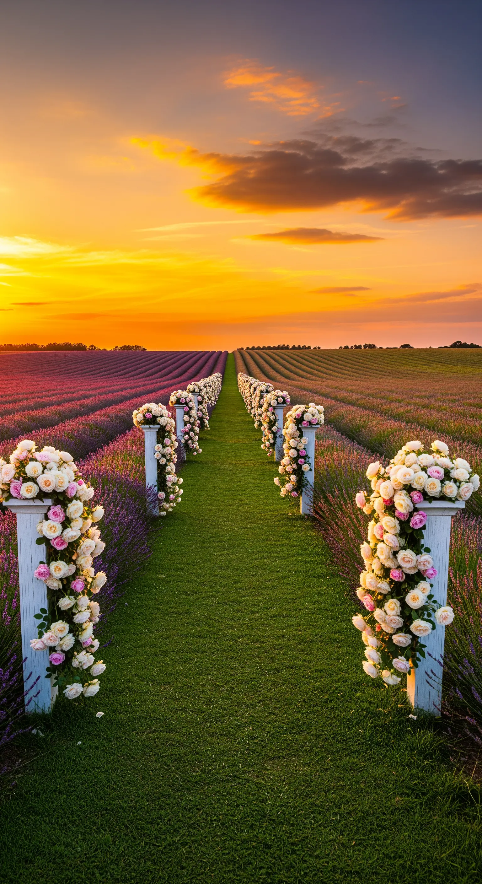 Grüner Pfad durch Lavendelfelder, gesäumt von Rosen-Podesten bei Sonnenuntergang