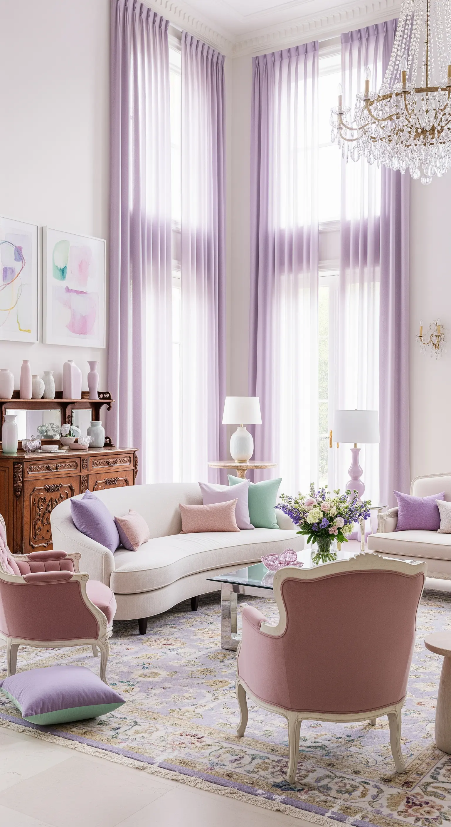 Großes Wohnzimmer, lavendelfarbene Vorhänge, geschwungenes Sofa, Kronleuchter