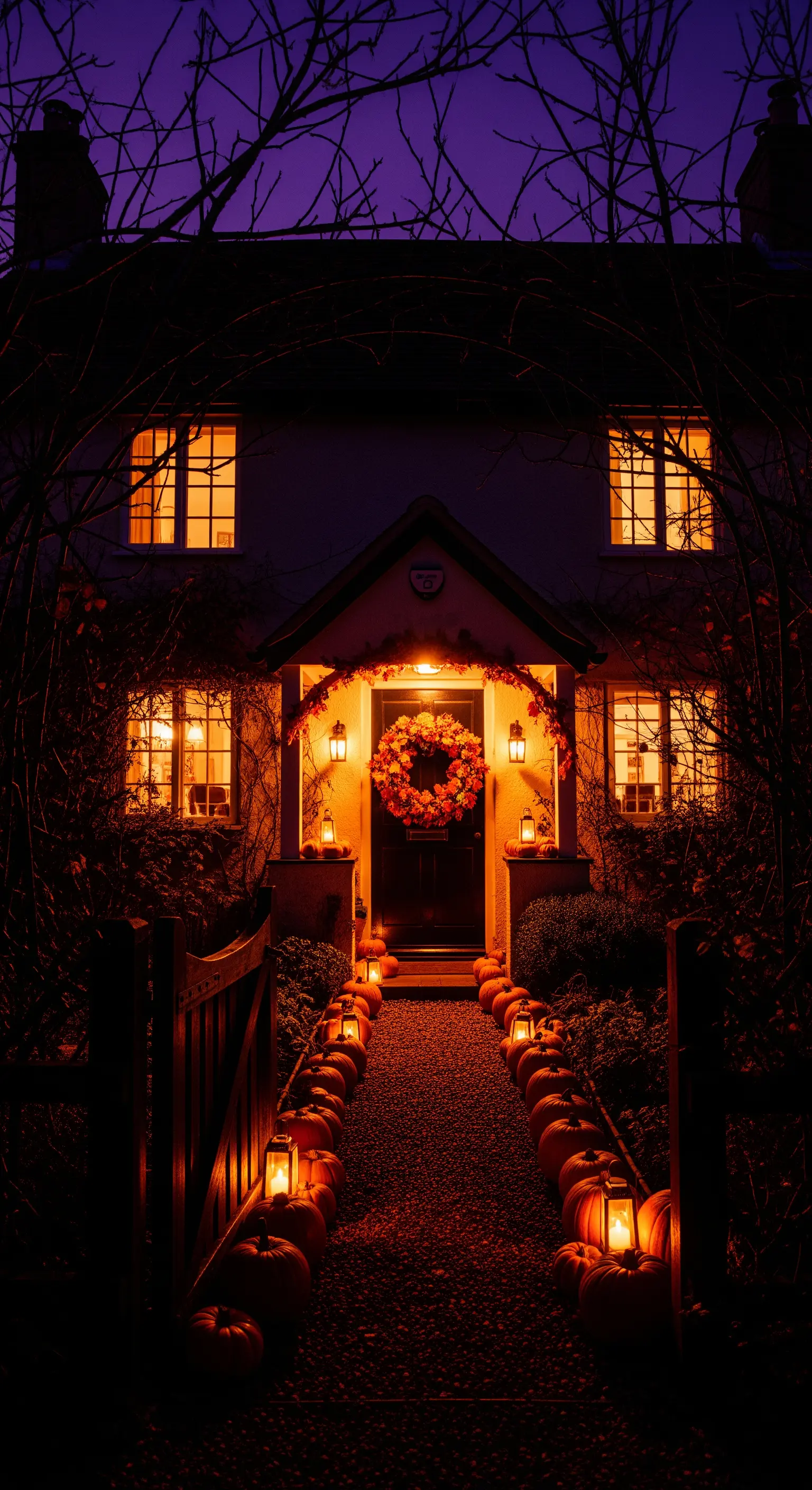 Haus mit leuchtendem Kürbisweg, Laternen, orangefarbenem Kranz und Lichterketten am Eingang.